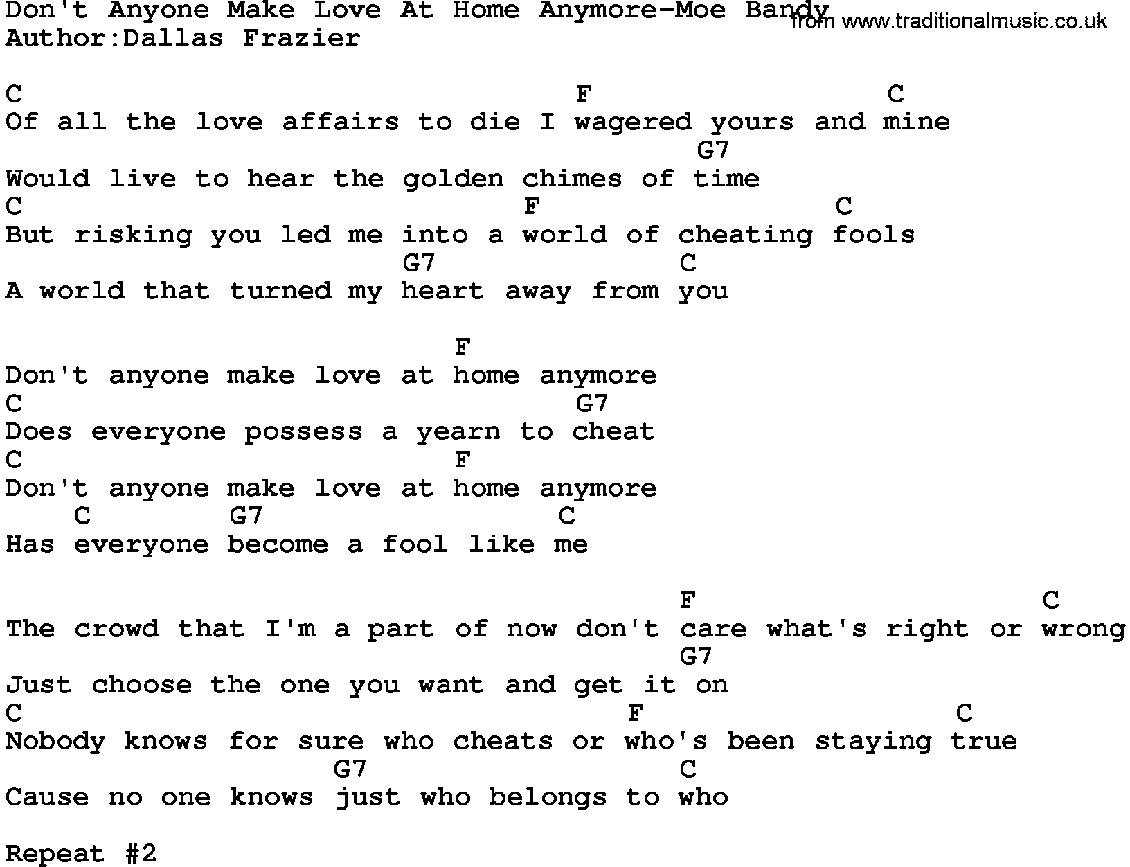Country music song: Don't Anyone Make Love At Home Anymore-Moe Bandy lyrics and chords