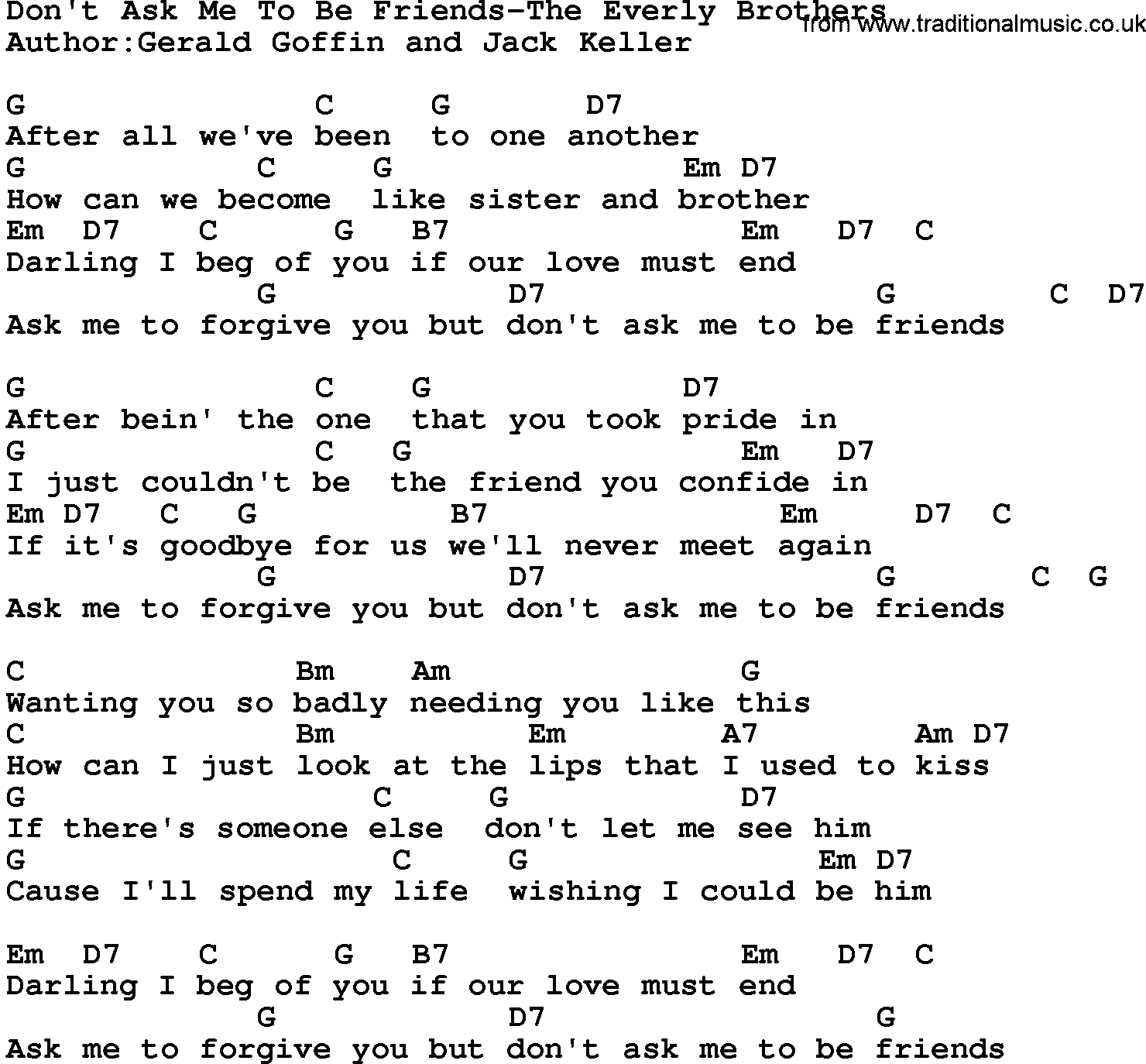 Country music song: Don't Ask Me To Be Friends-The Everly Brothers lyrics and chords