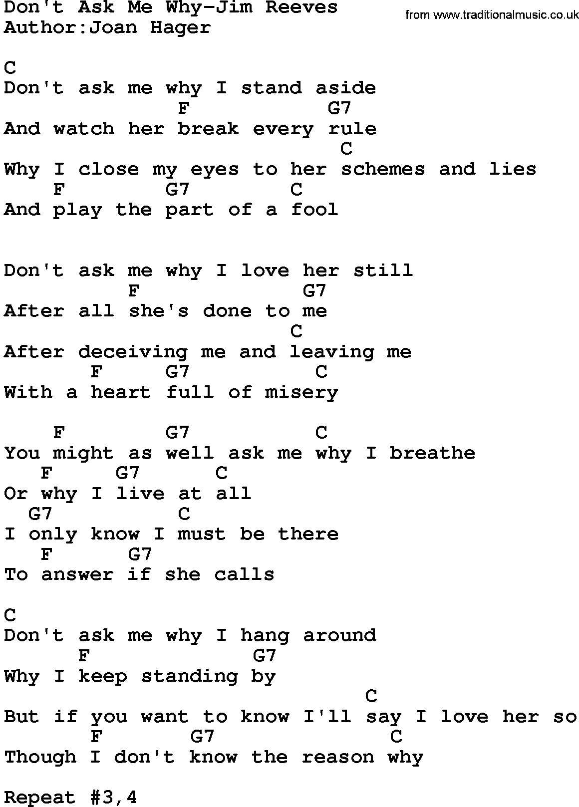 Country music song: Don't Ask Me Why-Jim Reeves lyrics and chords