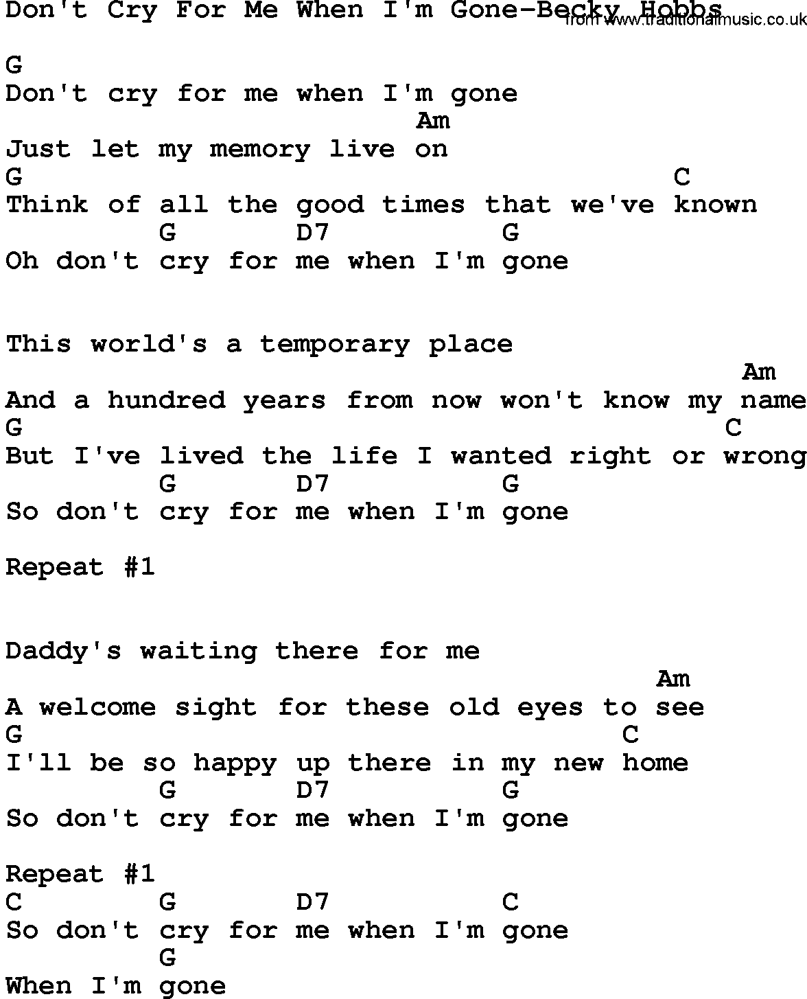 Country music song: Don't Cry For Me When I'm Gone-Becky Hobbs lyrics and chords