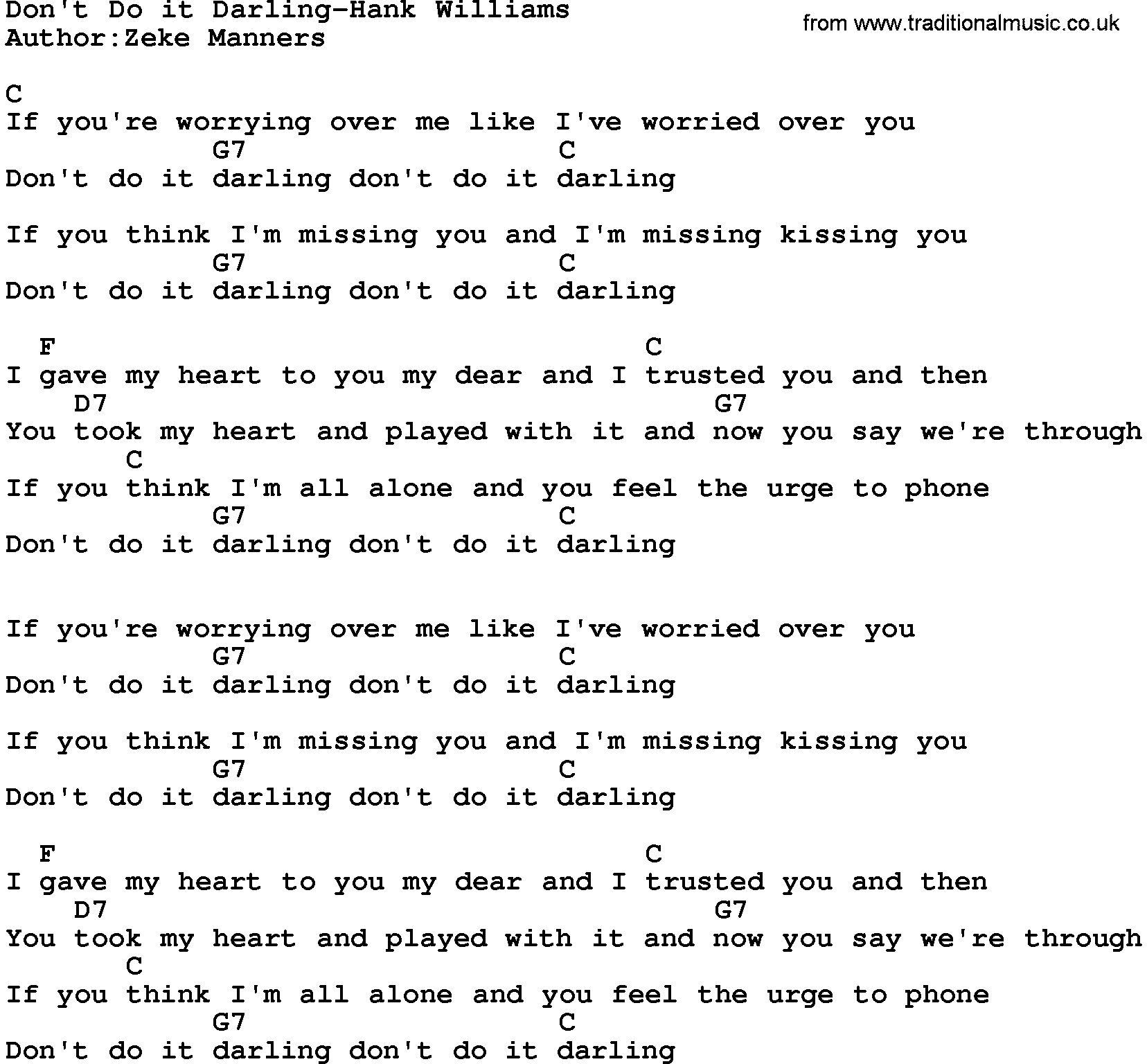 Country music song: Don't Do It Darling-Hank Williams lyrics and chords