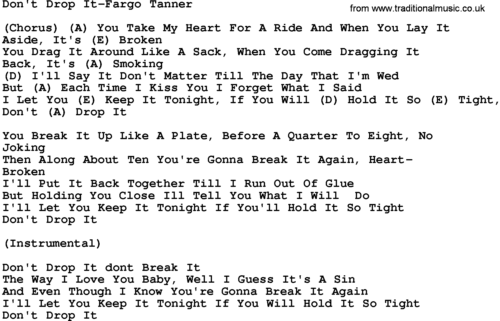 Country music song: Don't Drop It-Fargo Tanner lyrics and chords
