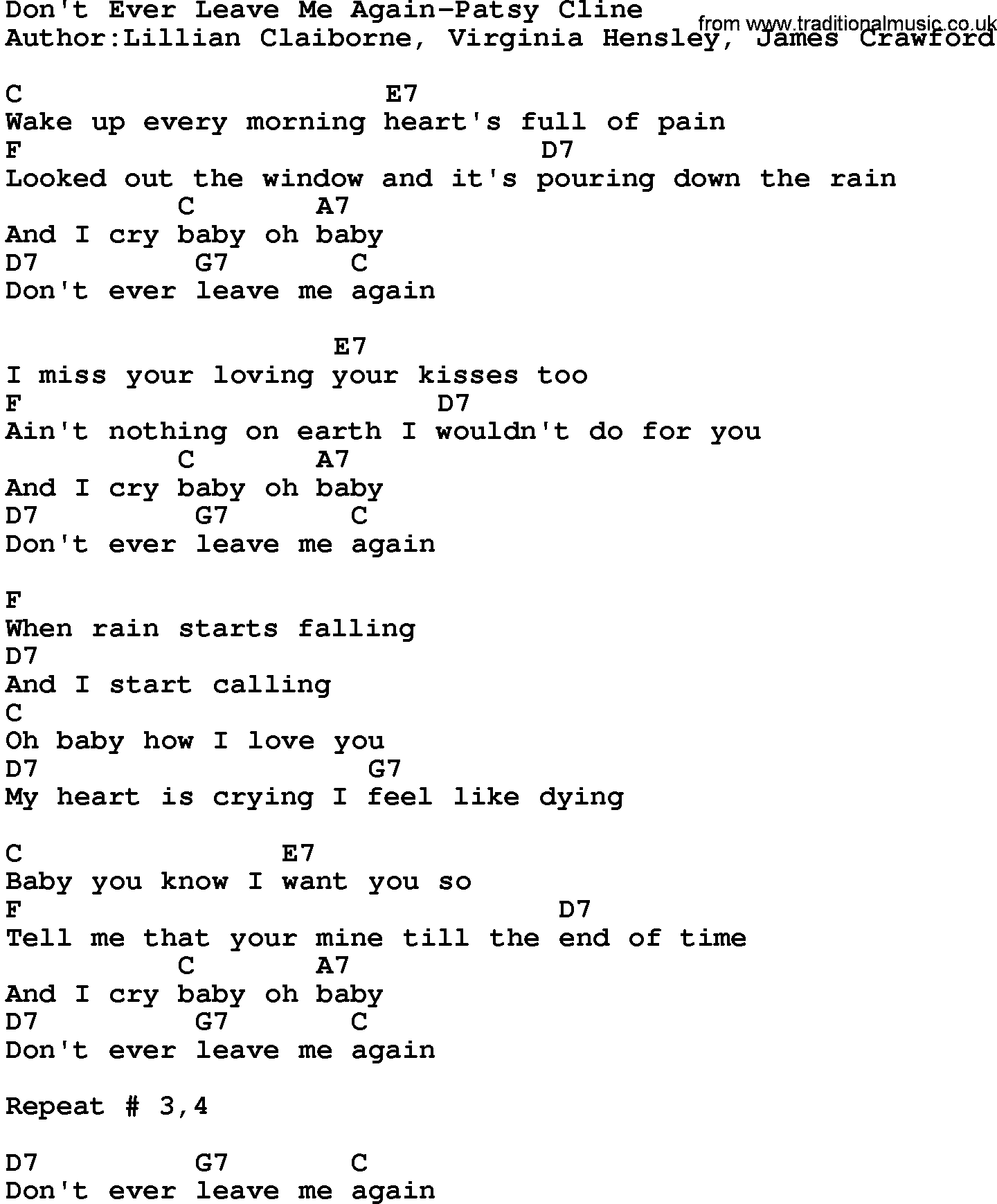 Country music song: Don't Ever Leave Me Again-Patsy Cline lyrics and chords