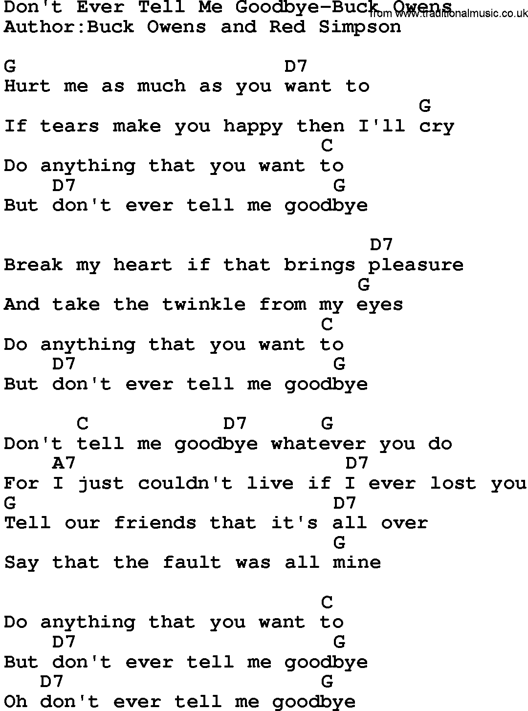 Country music song: Don't Ever Tell Me Goodbye-Buck Owens lyrics and chords