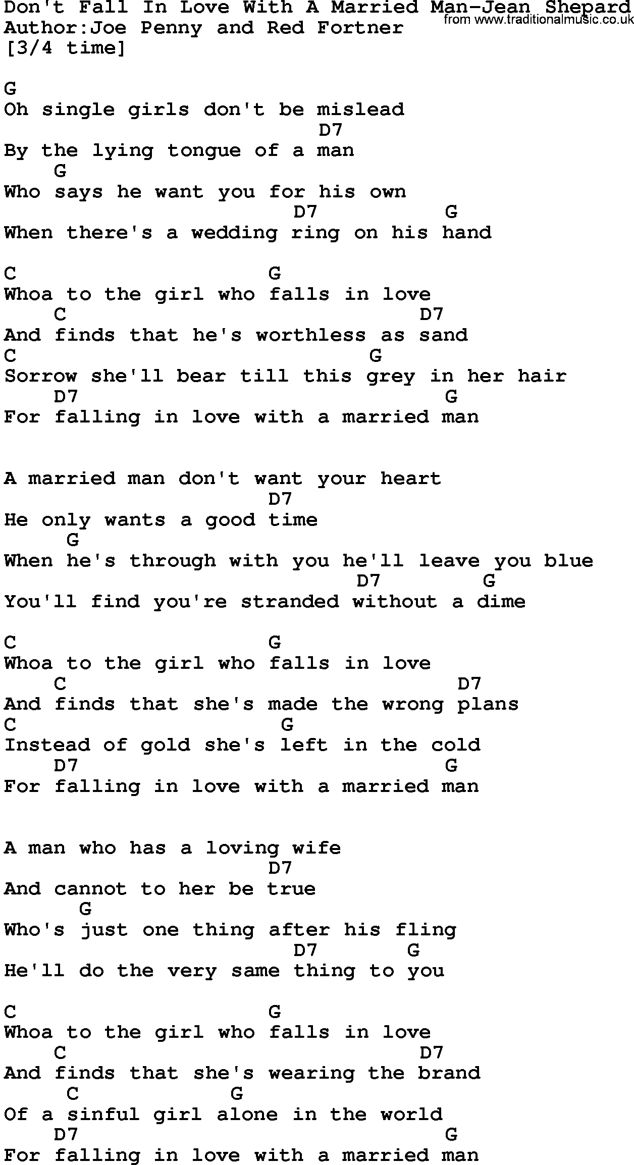 Country music song: Don't Fall In Love With A Married Man-Jean Shepard lyrics and chords