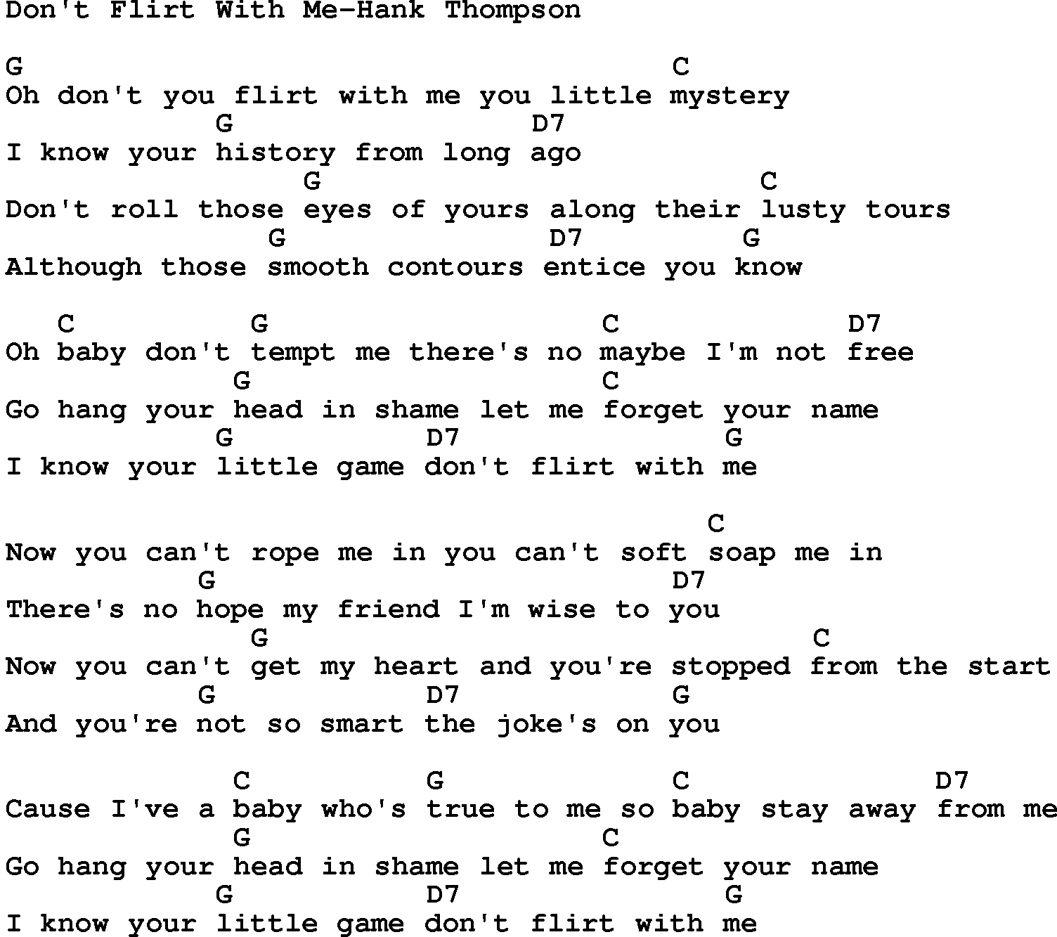 Country music song: Don't Flirt With Me-Hank Thompson lyrics and chords