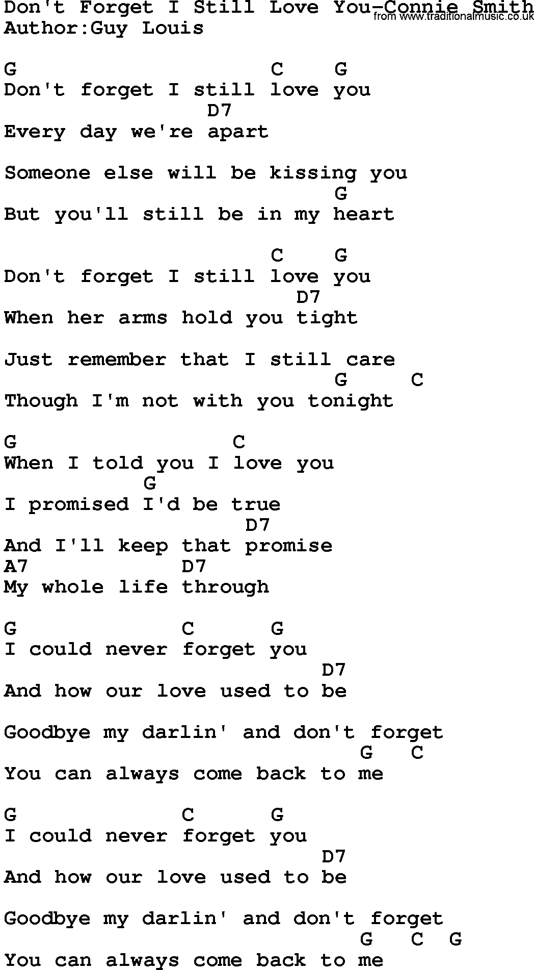Country music song: Don't Forget I Still Love You-Connie Smith lyrics and chords
