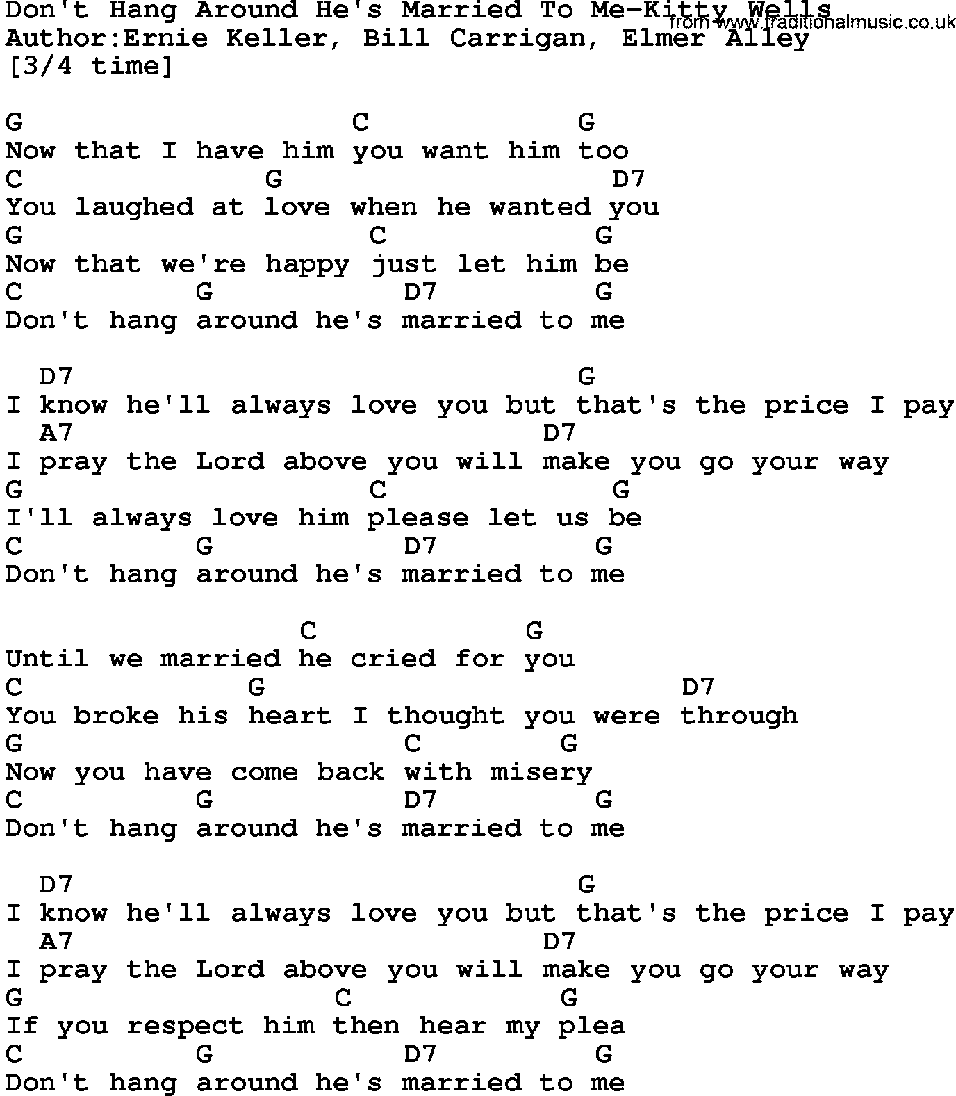 Country music song: Don't Hang Around He's Married To Me-Kitty Wells lyrics and chords