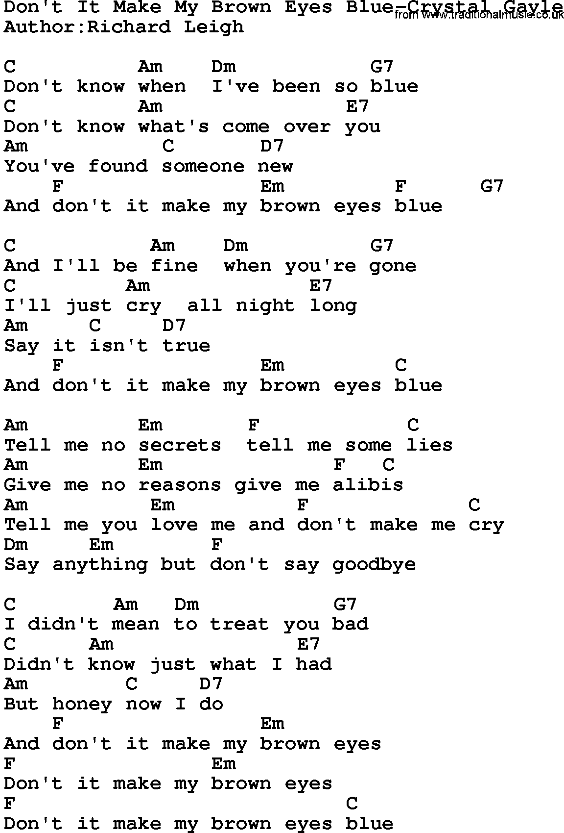 Country music song: Don't It Make My Brown Eyes Blue-Crystal Gayle lyrics and chords