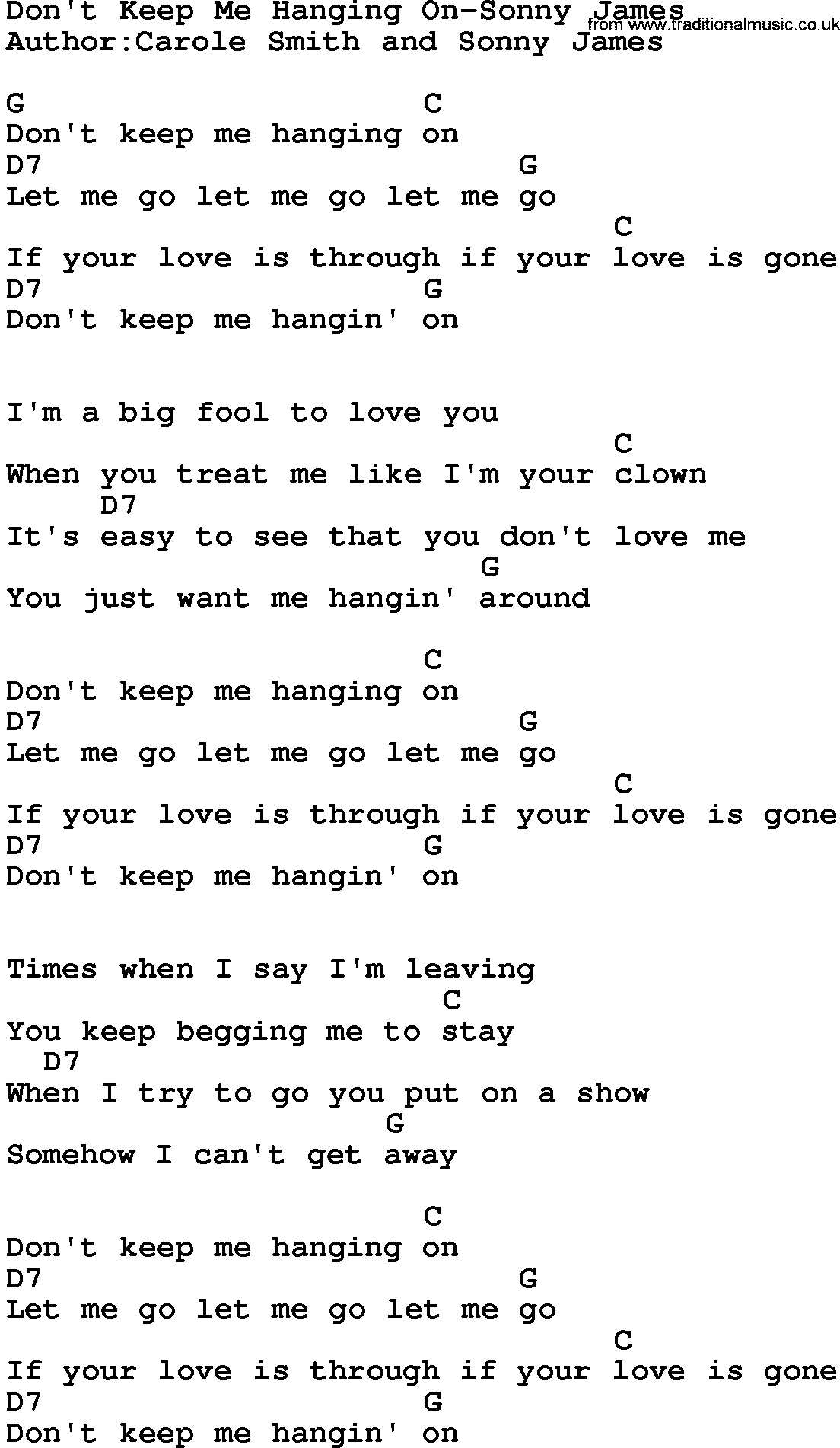 Country music song: Don't Keep Me Hanging On-Sonny James  lyrics and chords