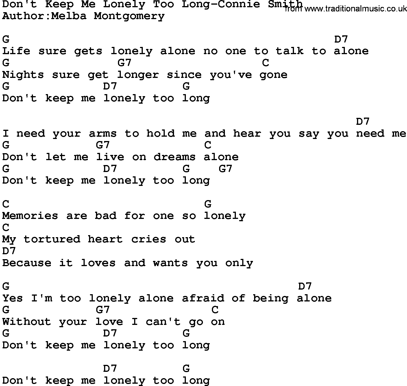 Country music song: Don't Keep Me Lonely Too Long-Connie Smith lyrics and chords