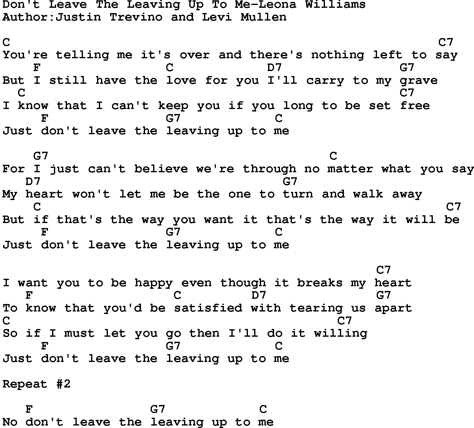 Country music song: Don't Leave The Leaving Up To Me-Leona Williams lyrics and chords