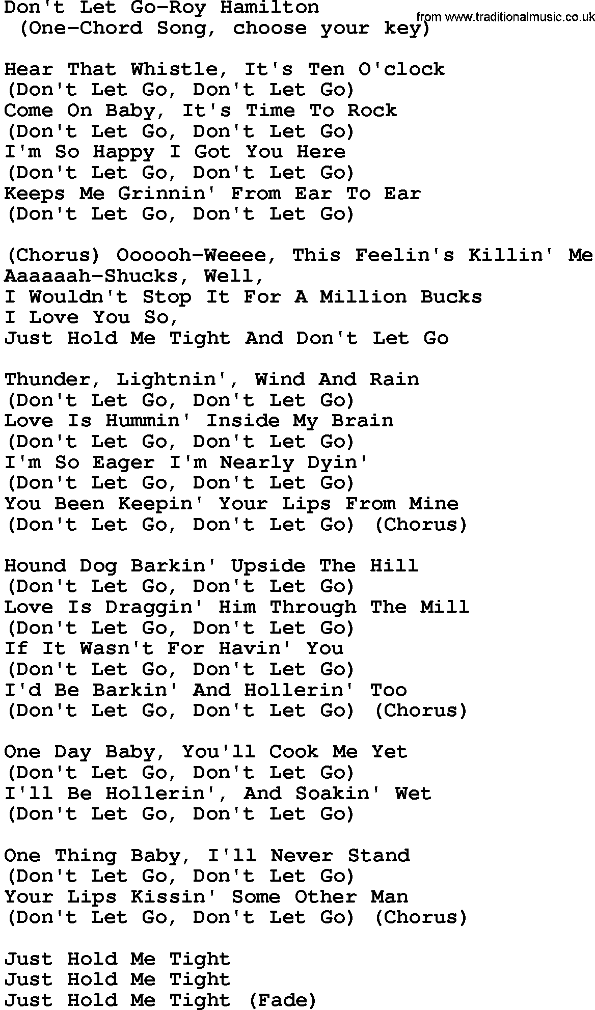 Country music song: Don't Let Go-Roy Hamilton lyrics and chords