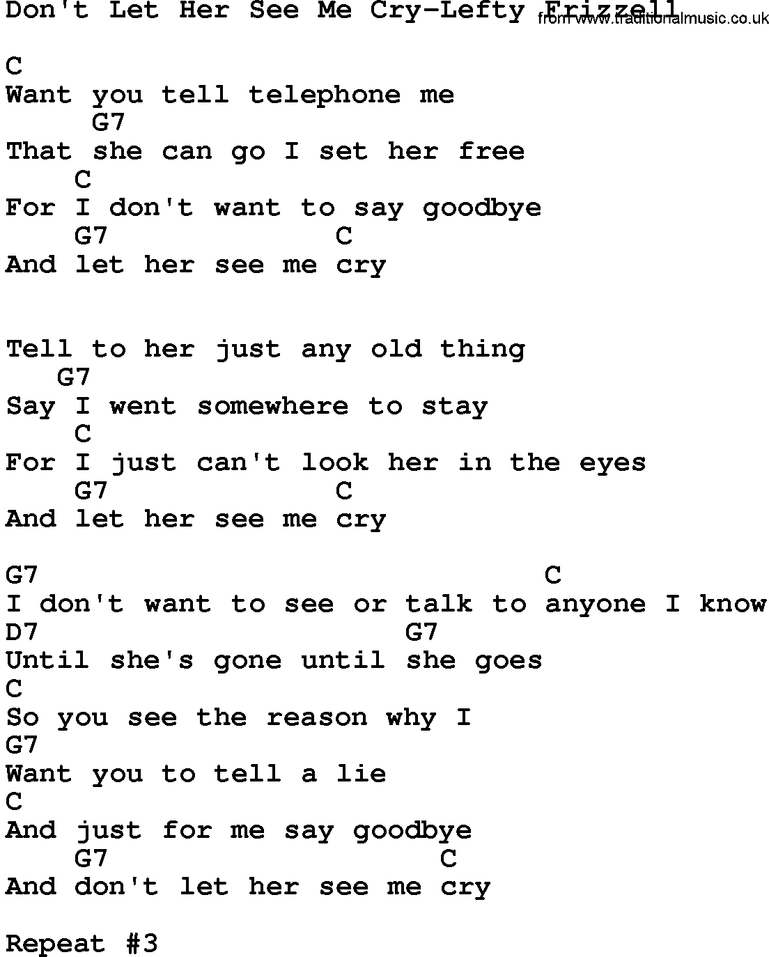 Country music song: Don't Let Her See Me Cry-Lefty Frizzell lyrics and chords