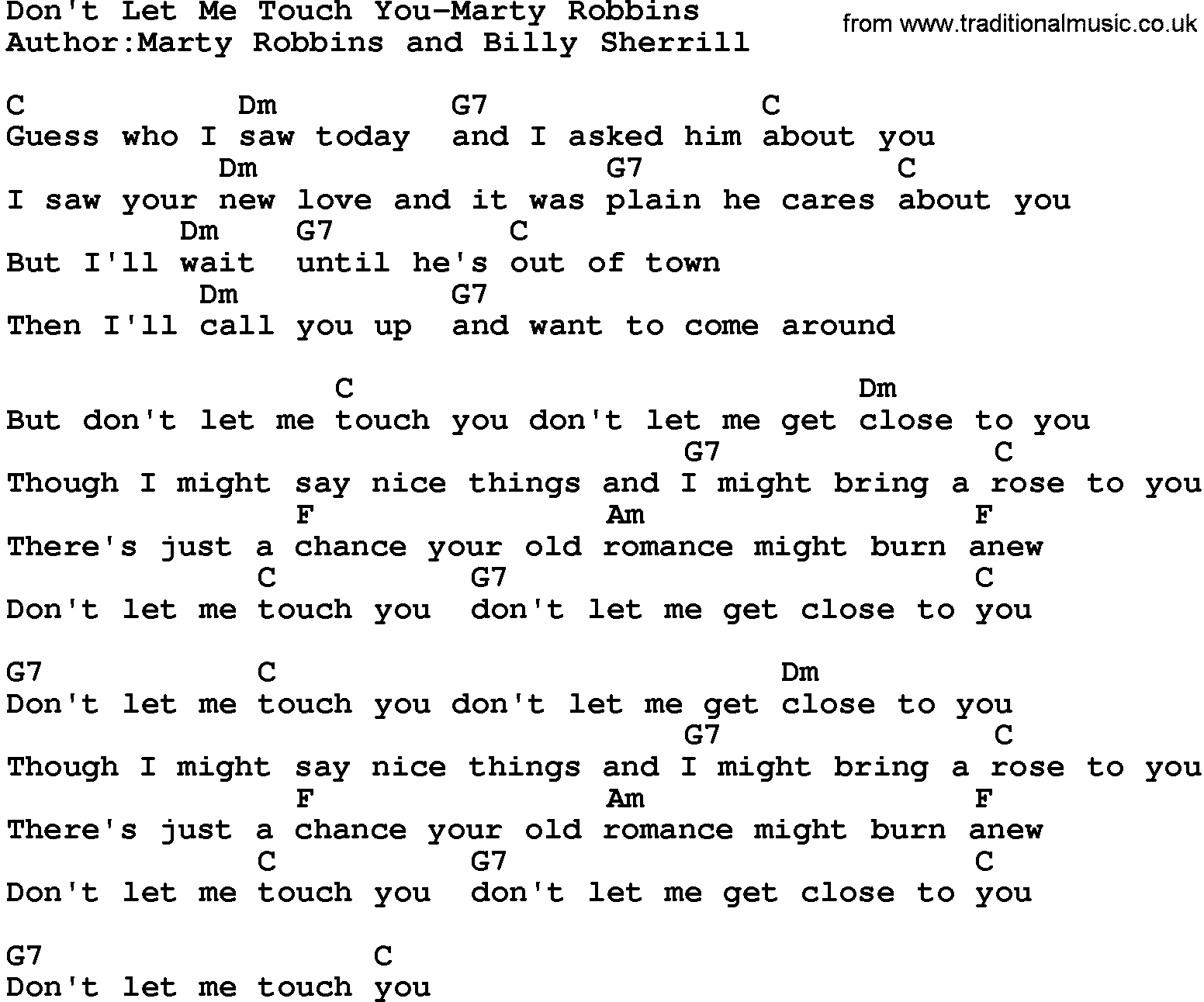 Country music song: Don't Let Me Touch You-Marty Robbins lyrics and chords