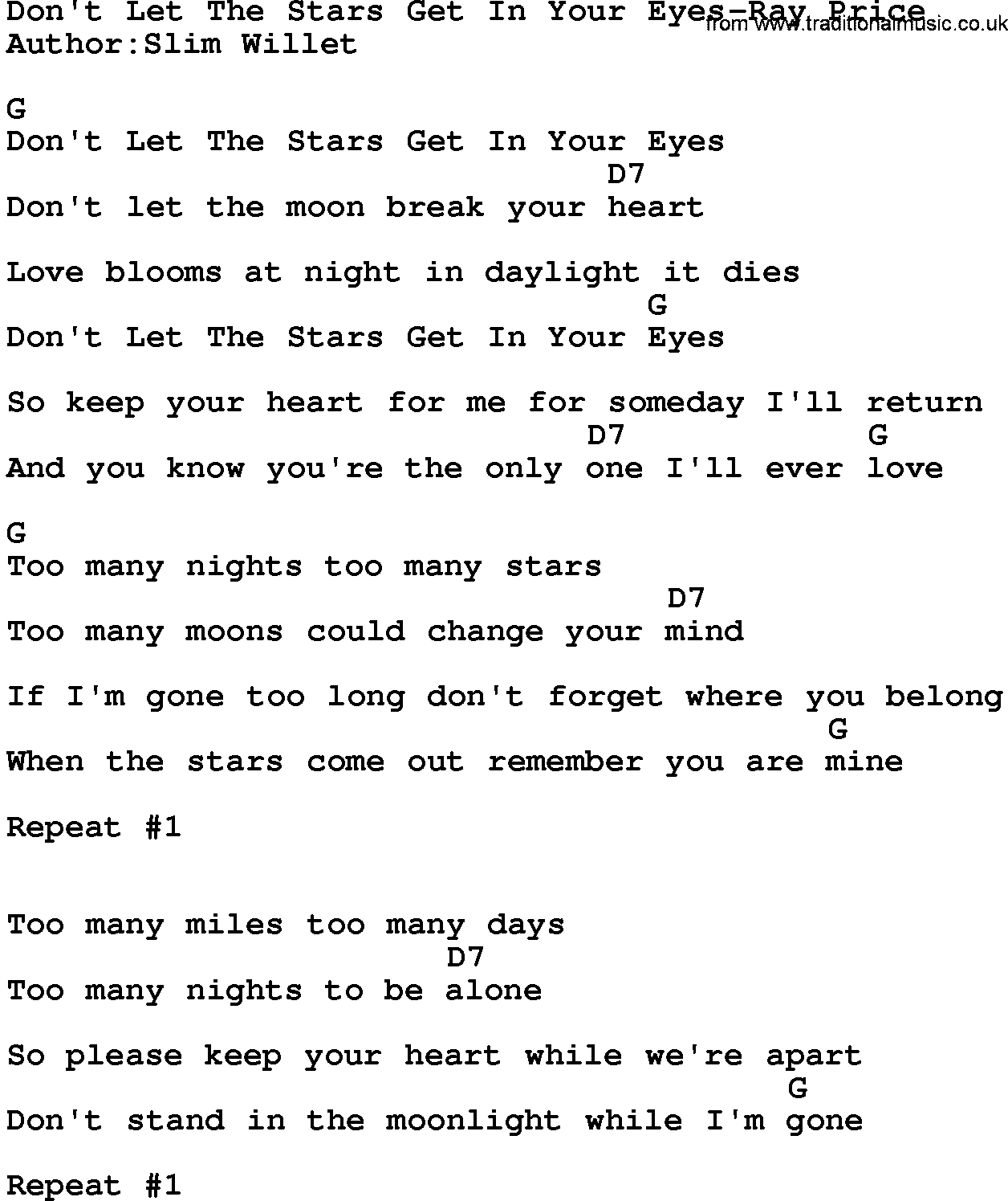 Country music song: Don't Let The Stars Get In Your Eyes-Ray Price lyrics and chords