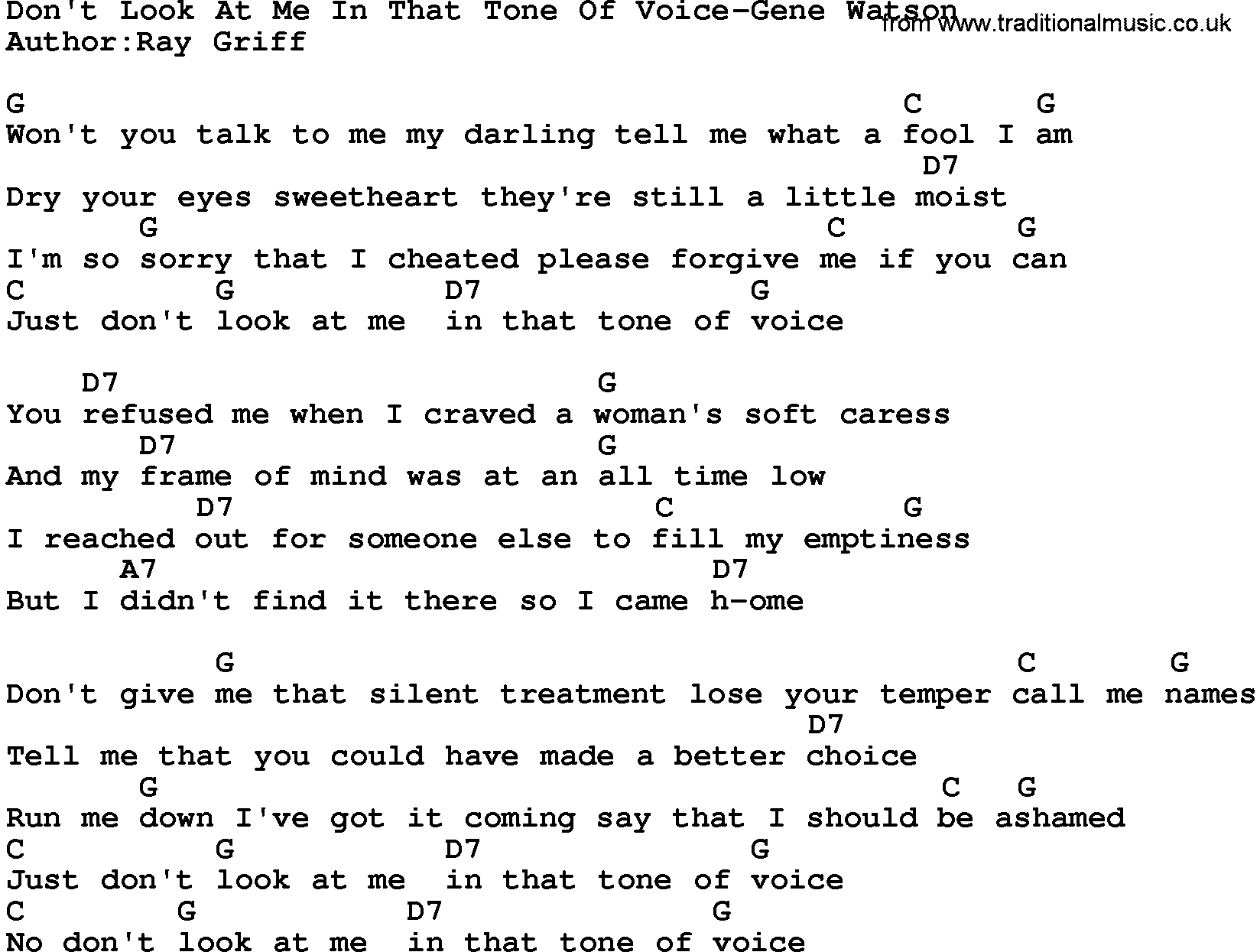 Country music song: Don't Look At Me In That Tone Of Voice-Gene Watson lyrics and chords