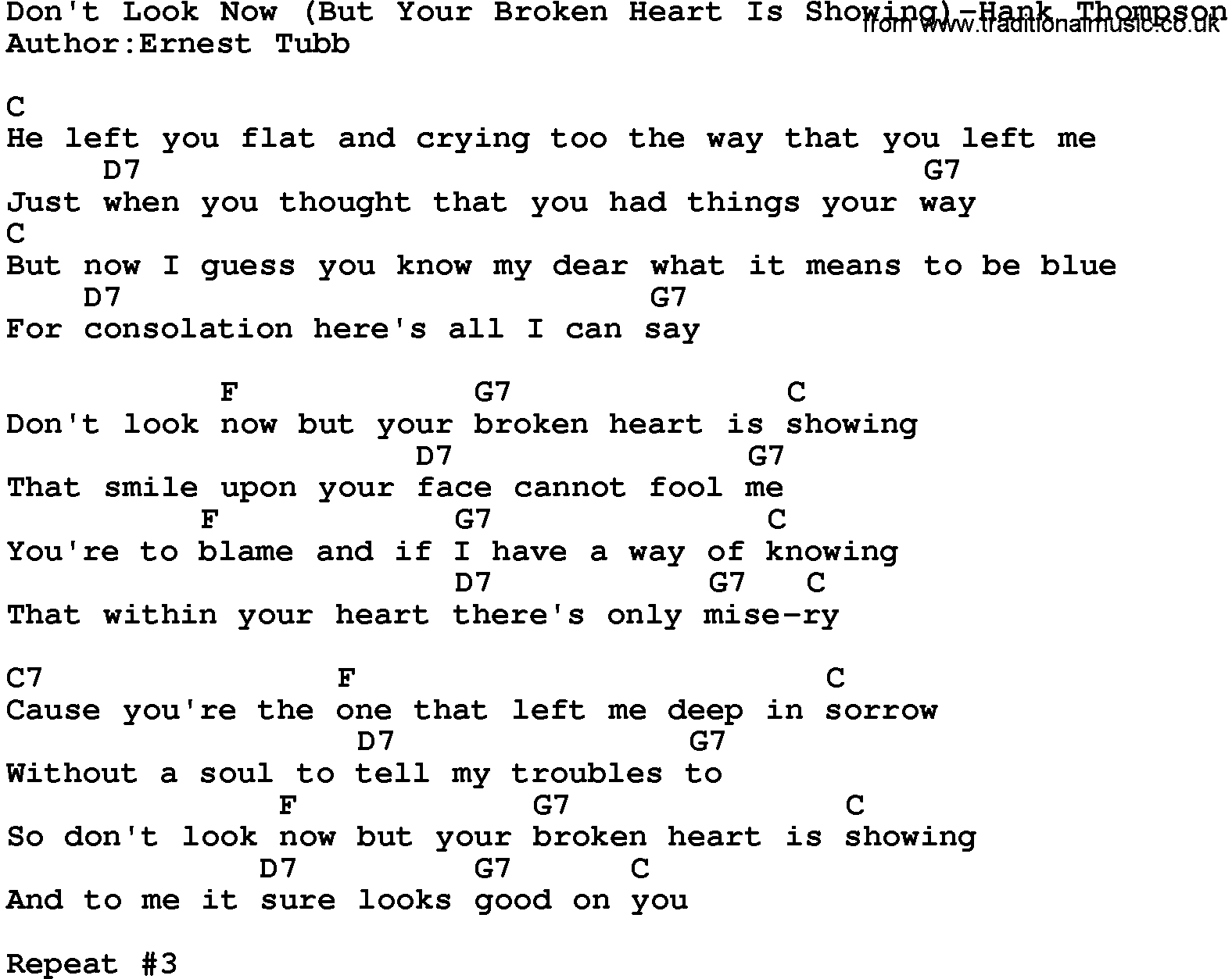 Country music song: Don't Look Now(But Your Broken Heart Is Showing)-Hank Thompson lyrics and chords