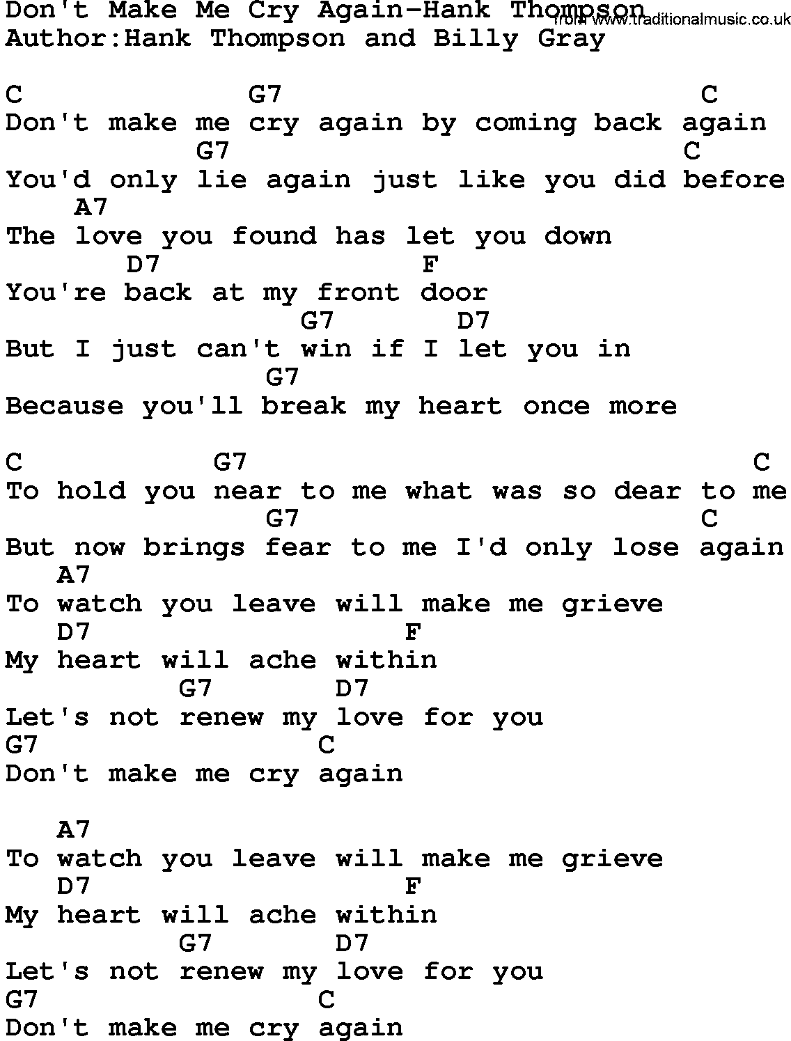 Country music song: Don't Make Me Cry Again-Hank Thompson lyrics and chords