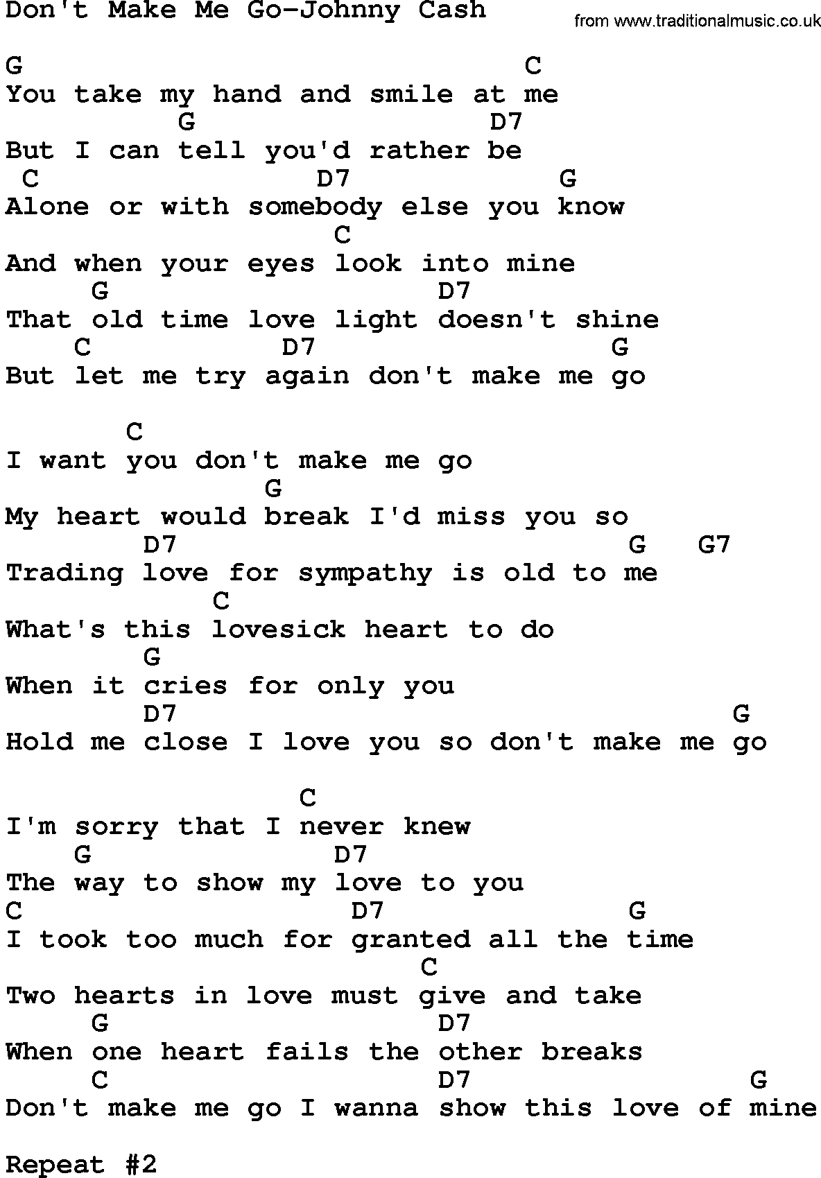 Country music song: Don't Make Me Go-Johnny Cash lyrics and chords