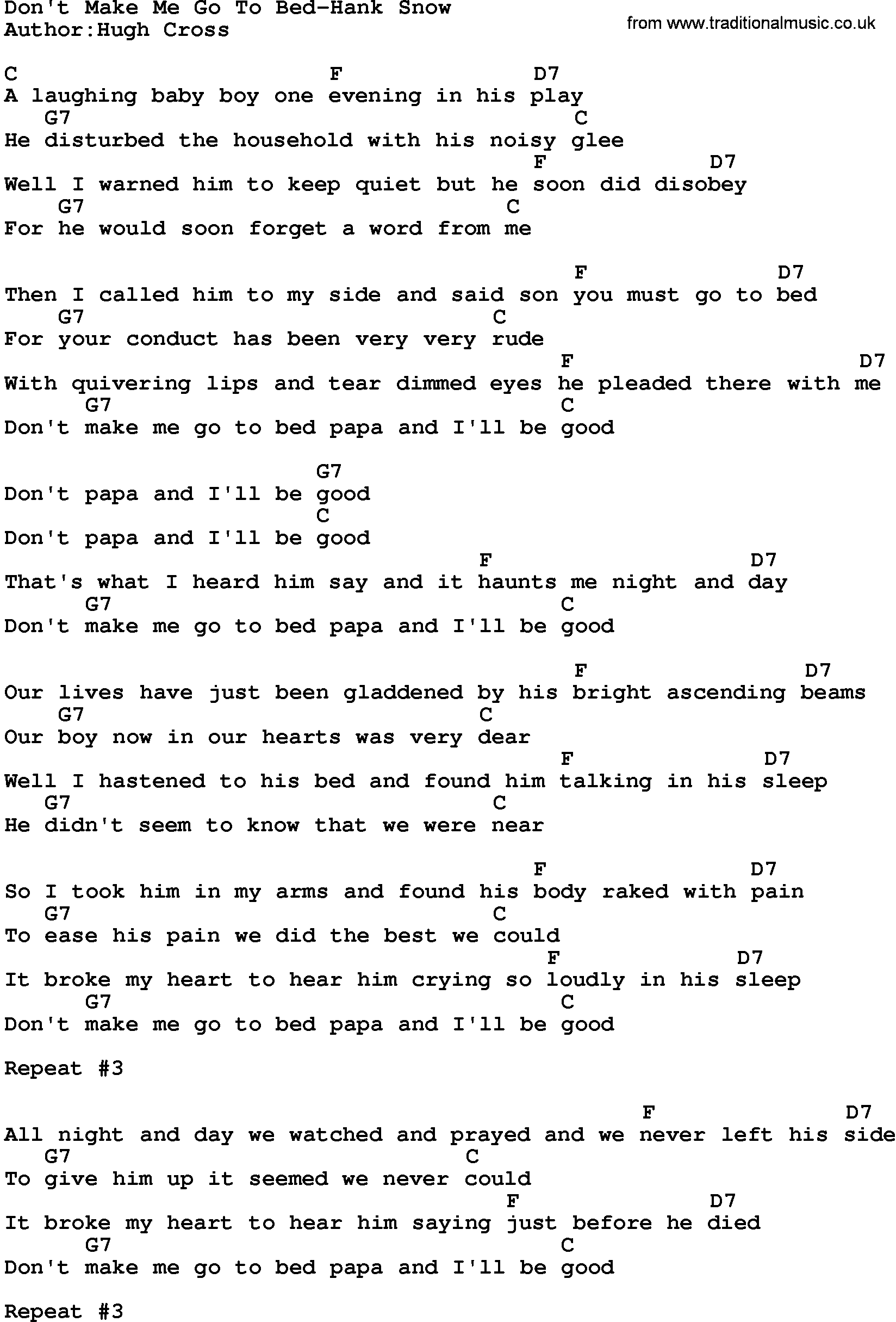 Country music song: Don't Make Me Go To Bed-Hank Snow lyrics and chords