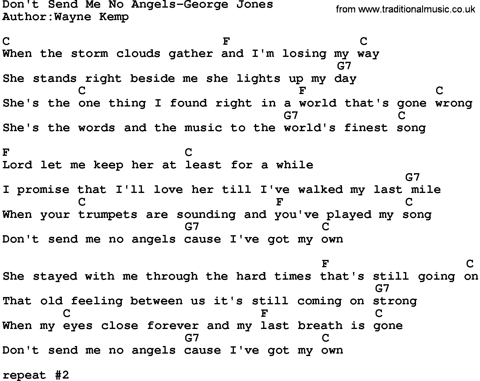 Country music song: Don't Send Me No Angels-George Jones lyrics and chords