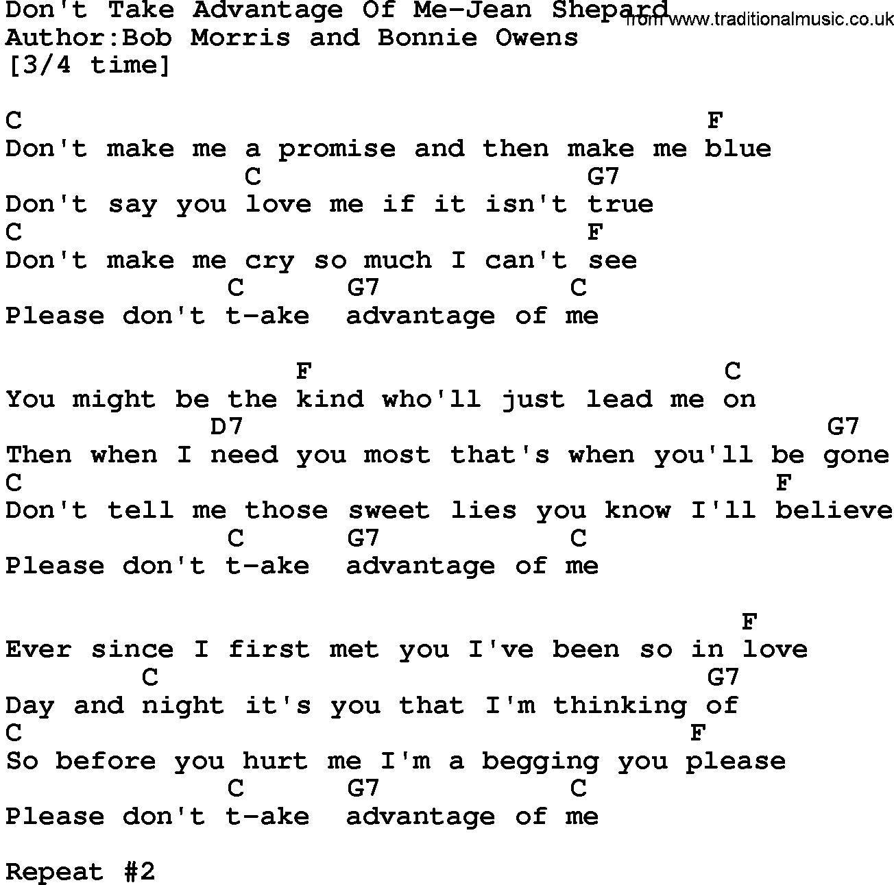 Country music song: Don't Take Advantage Of Me-Jean Shepard lyrics and chords