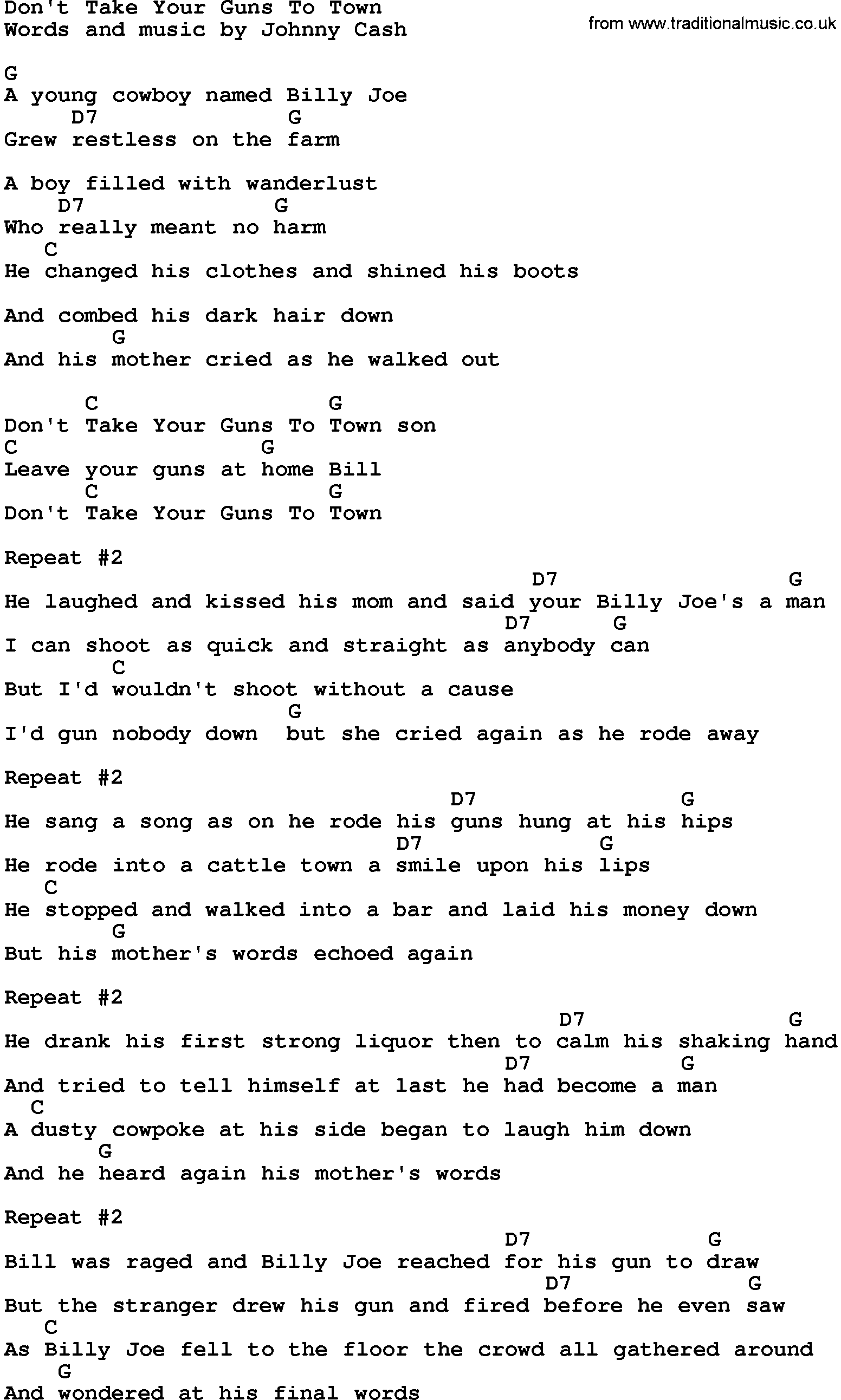 Country music song: Don't Take Your Guns To Town lyrics and chords