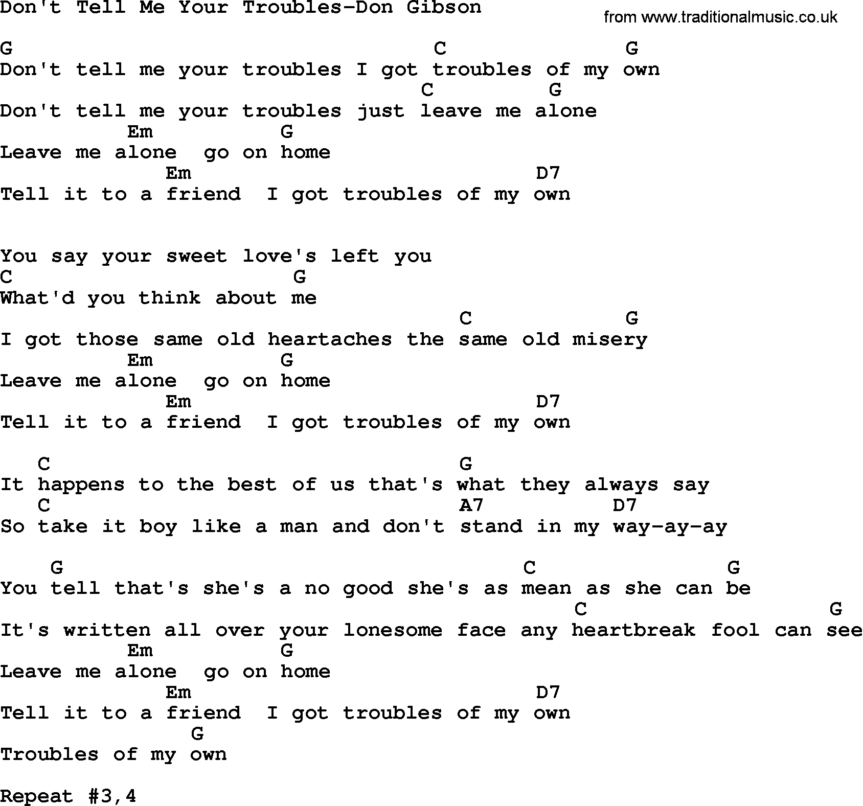 Country music song: Don't Tell Me Your Troubles-Don Gibson lyrics and chords
