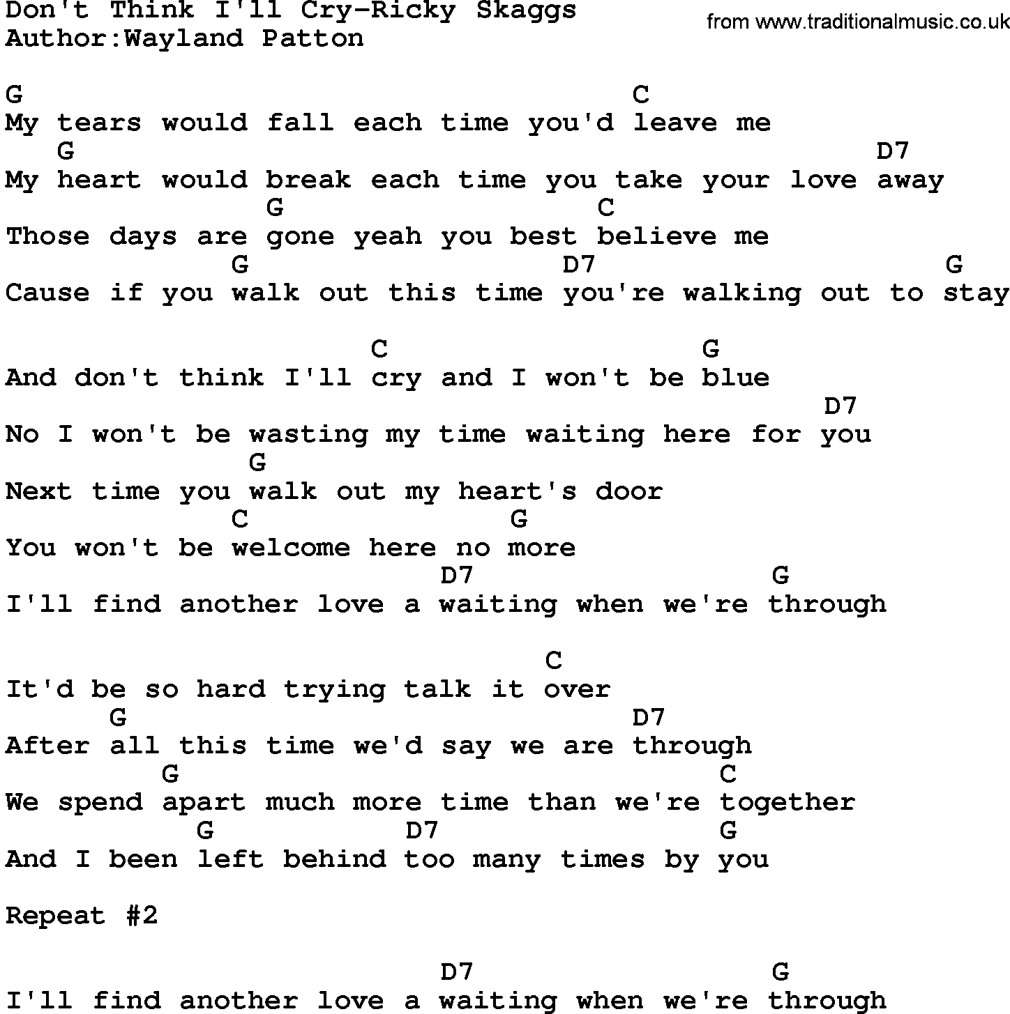 Country music song: Don't Think I'll Cry-Ricky Skaggs lyrics and chords