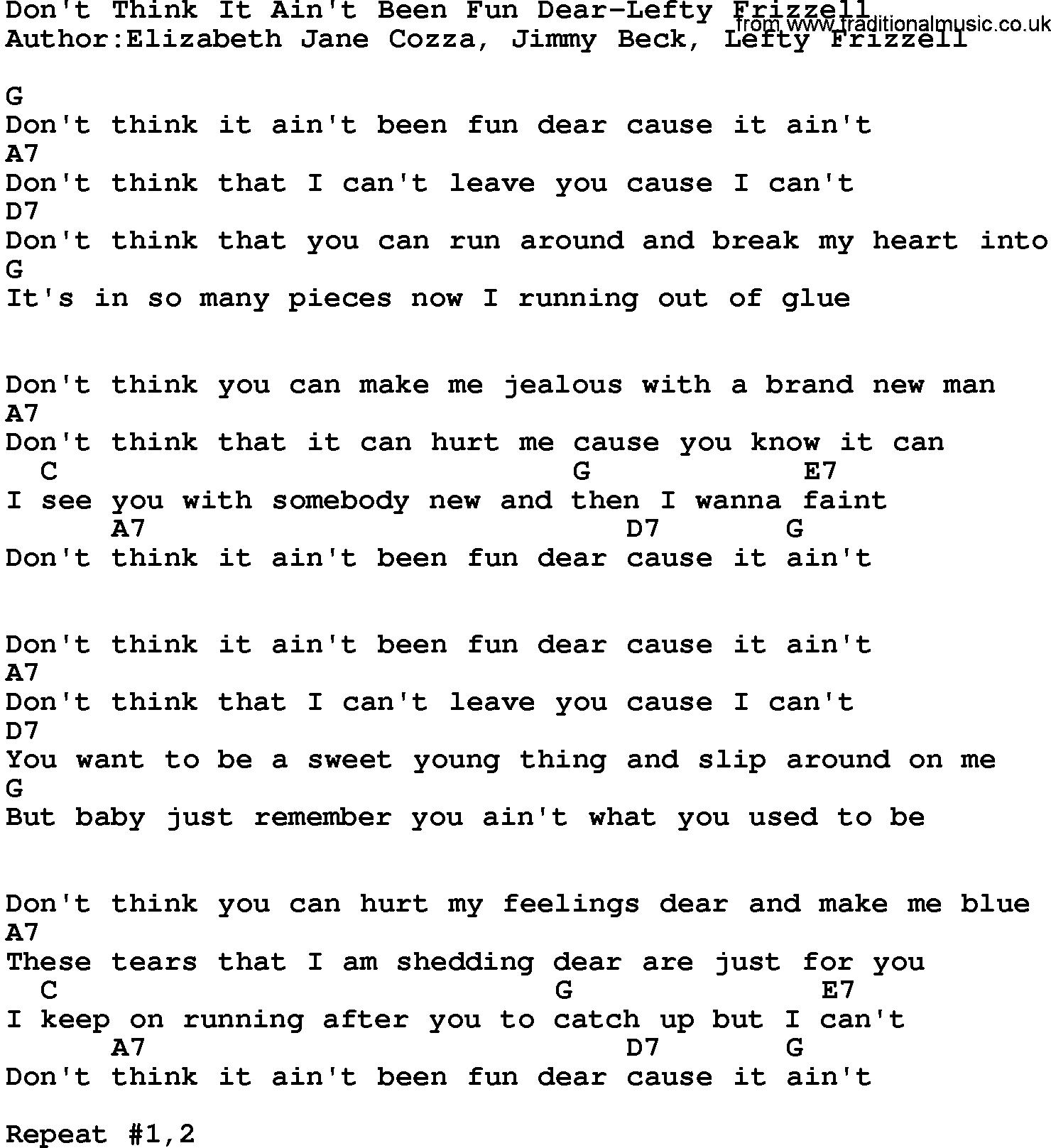Country music song: Don't Think It Ain't Been Fun Dear-Lefty Frizzell lyrics and chords