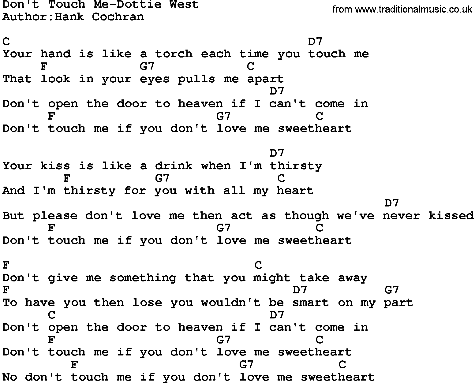 Country music song: Don't Touch Me-Dottie West lyrics and chords