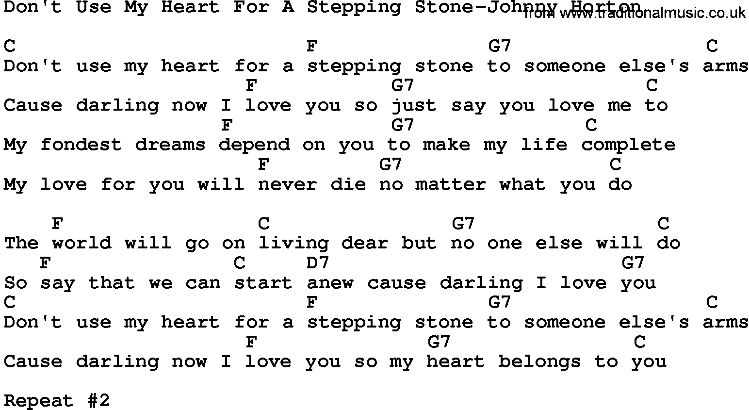 Country music song: Don't Use My Heart For A Stepping Stone-Johnny Horton lyrics and chords
