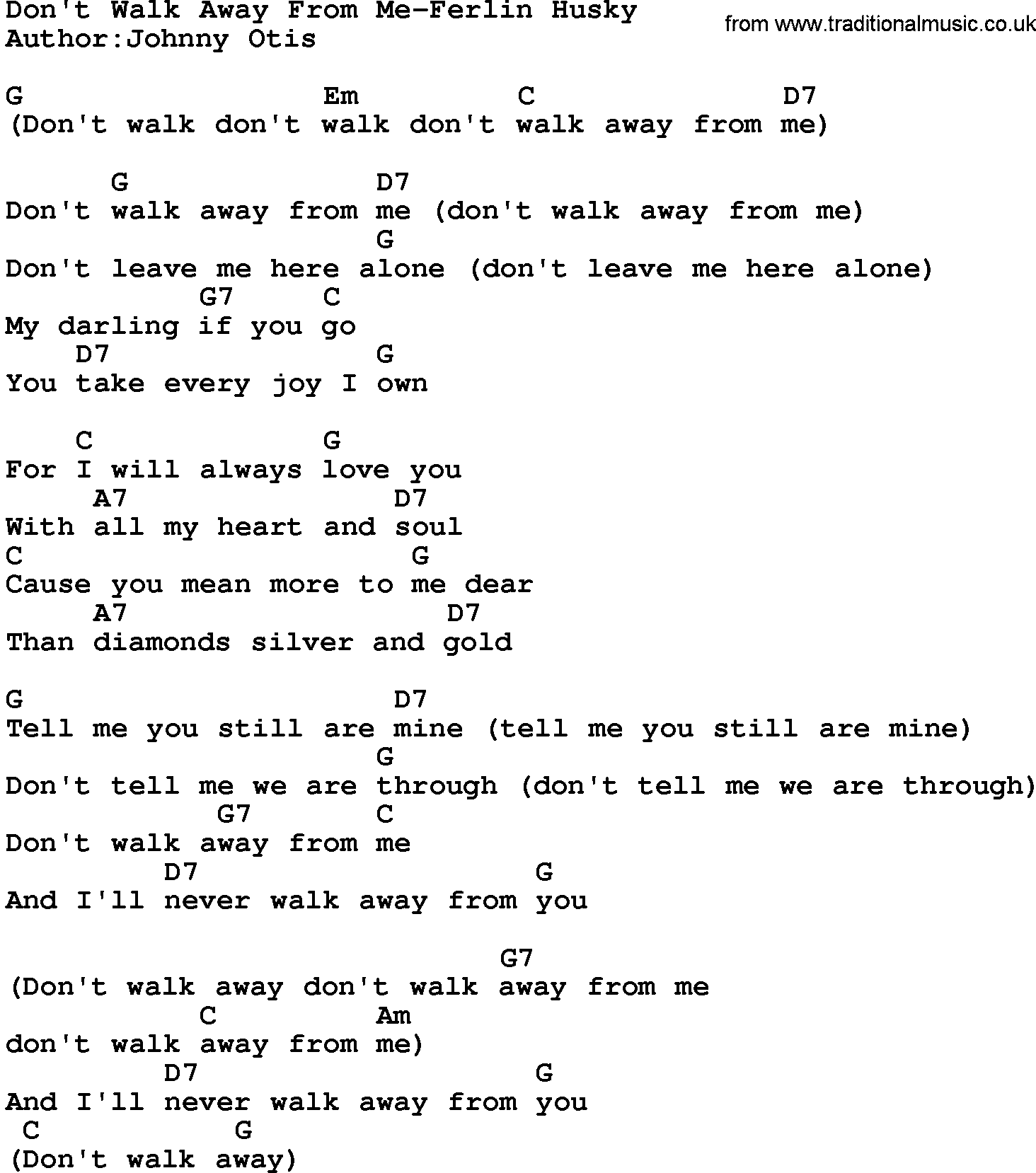 Country music song: Don't Walk Away From Me-Ferlin Husky lyrics and chords