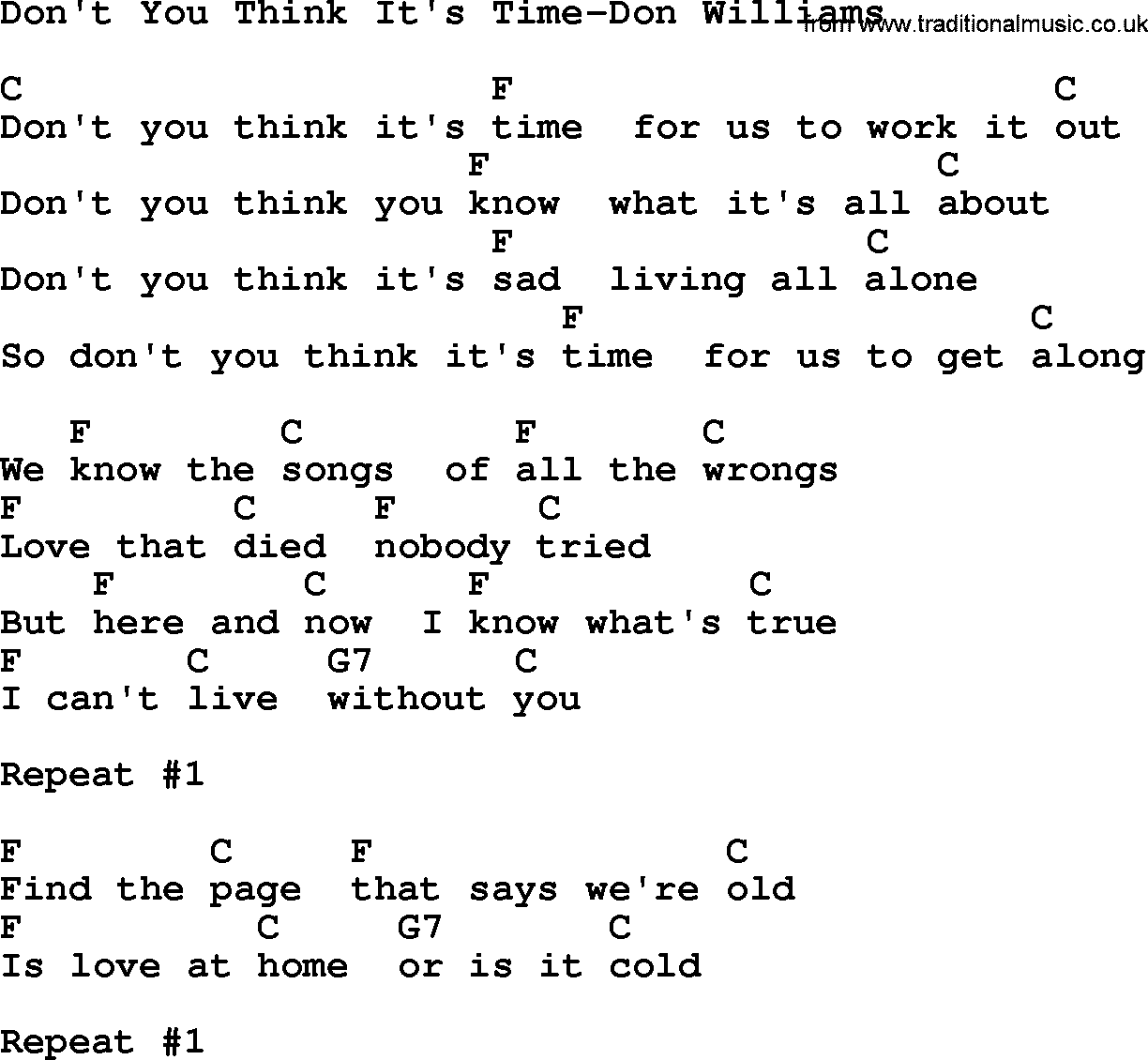 Country music song: Don't You Think It's Time-Don Williams lyrics and chords