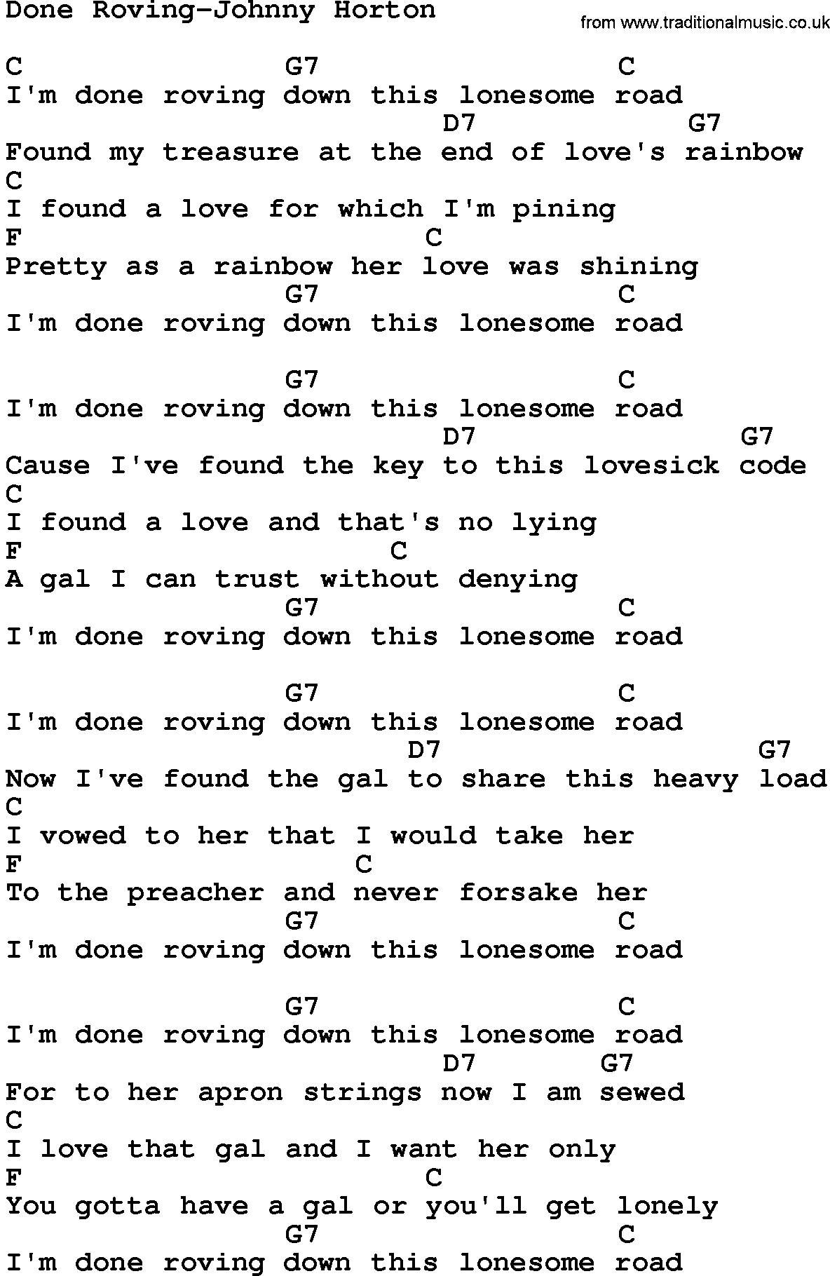 Country music song: Done Roving-Johnny Horton lyrics and chords