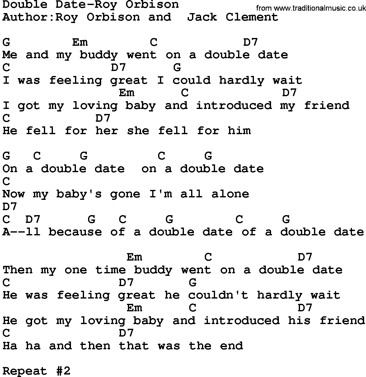 Country music song: Double Date-Roy Orbison lyrics and chords