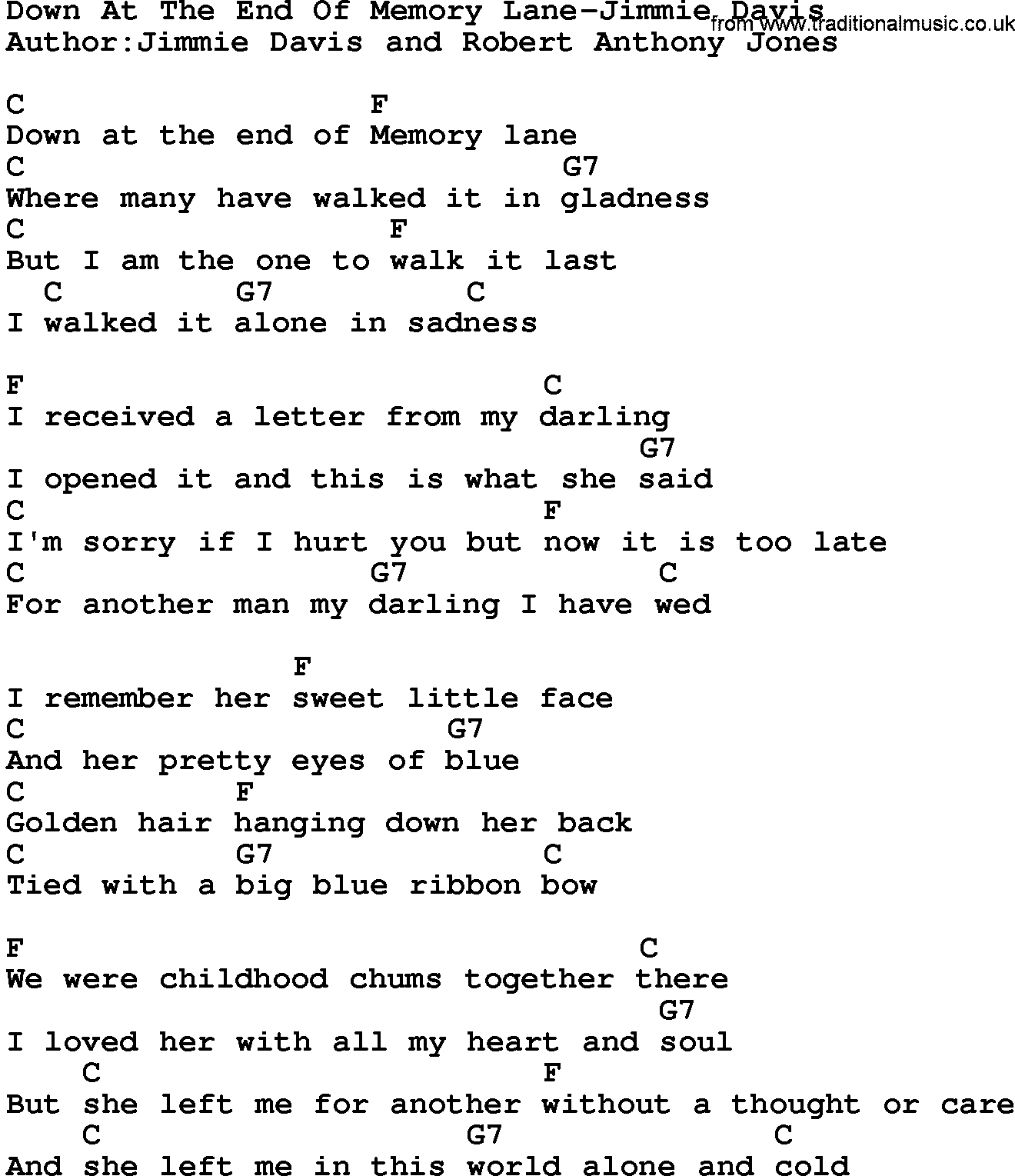 Country music song: Down At The End Of Memory Lane-Jimmie Davis lyrics and chords