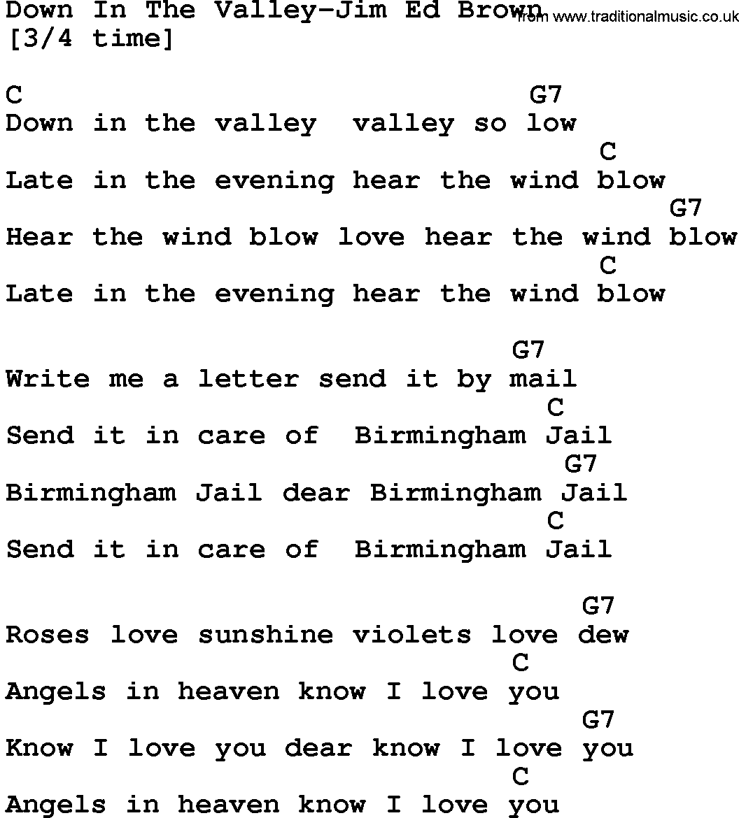 Country music song: Down In The Valley-Jim Ed Brown lyrics and chords