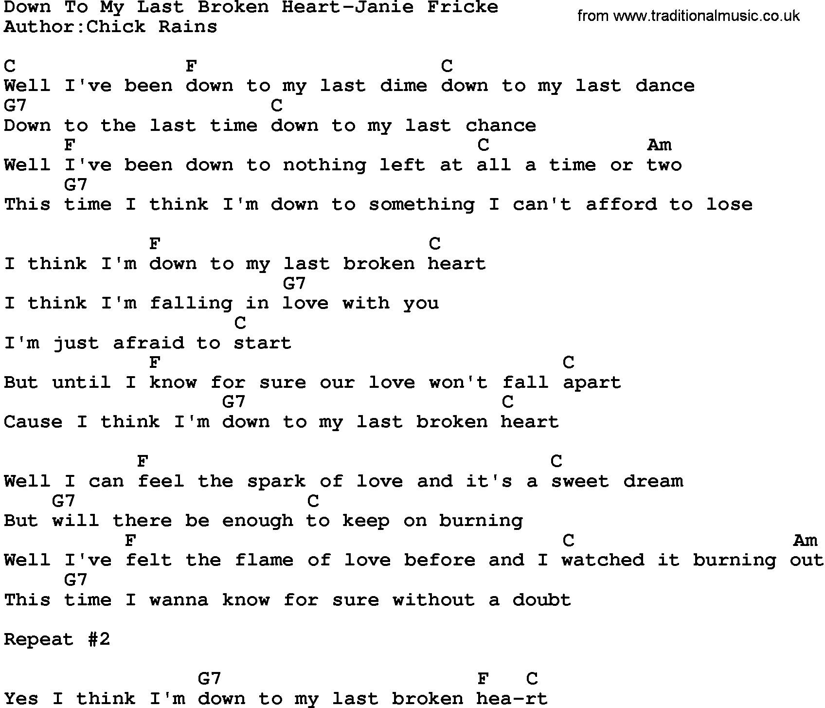 Country music song: Down To My Last Broken Heart-Janie Fricke lyrics and chords