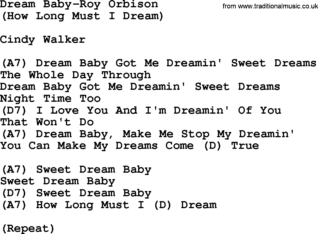 Country music song: Dream Baby-Roy Orbison lyrics and chords
