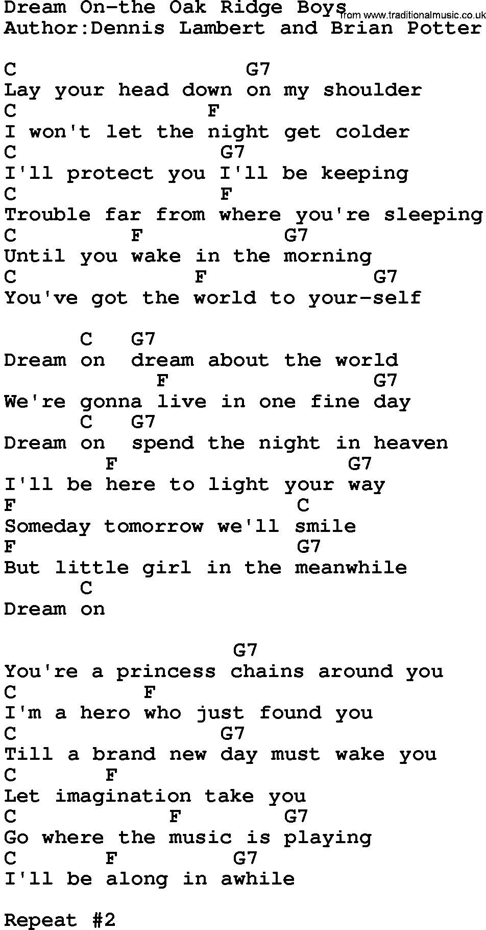 Country music song: Dream On-The Oak Ridge Boys lyrics and chords