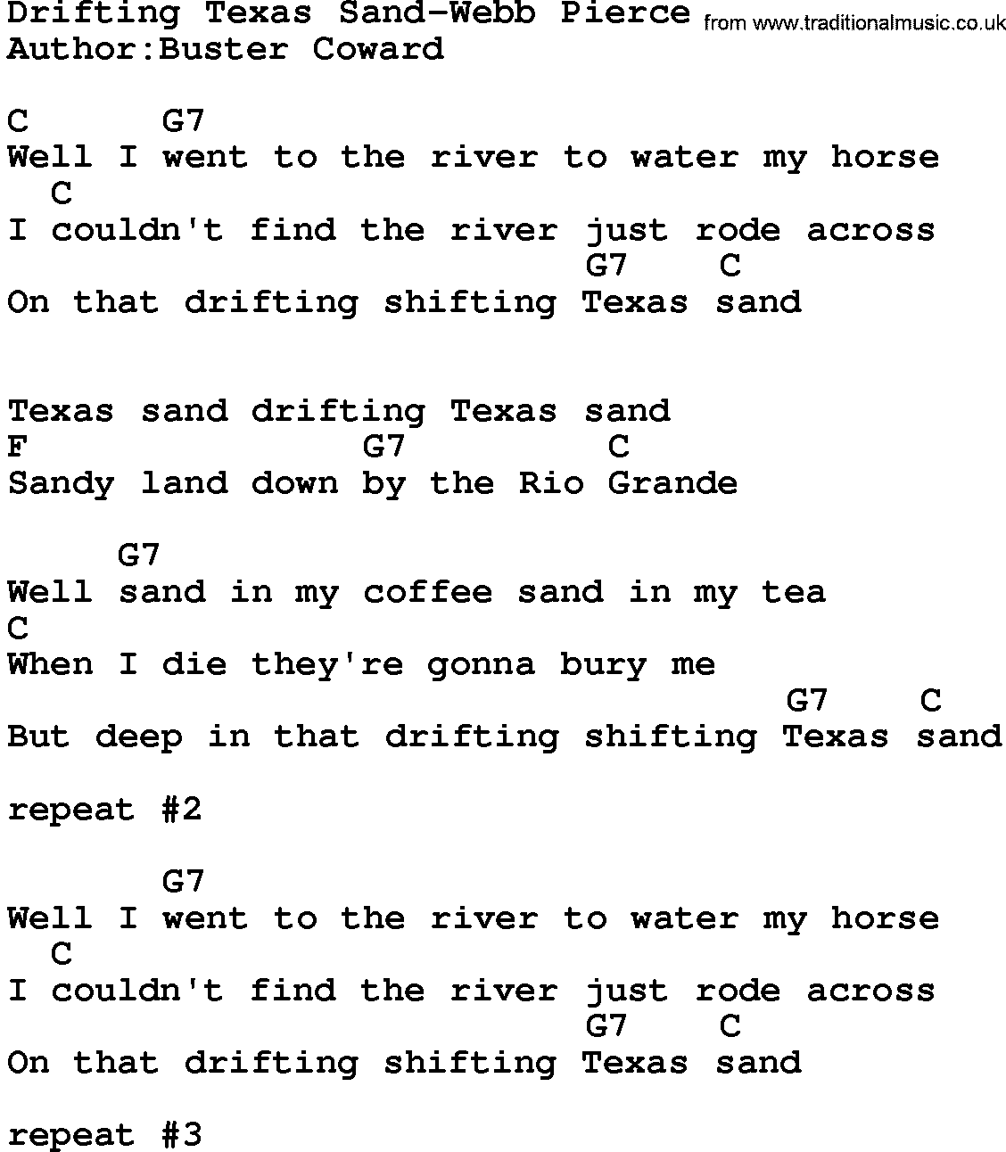 Country music song: Drifting Texas Sand-Webb Pierce lyrics and chords