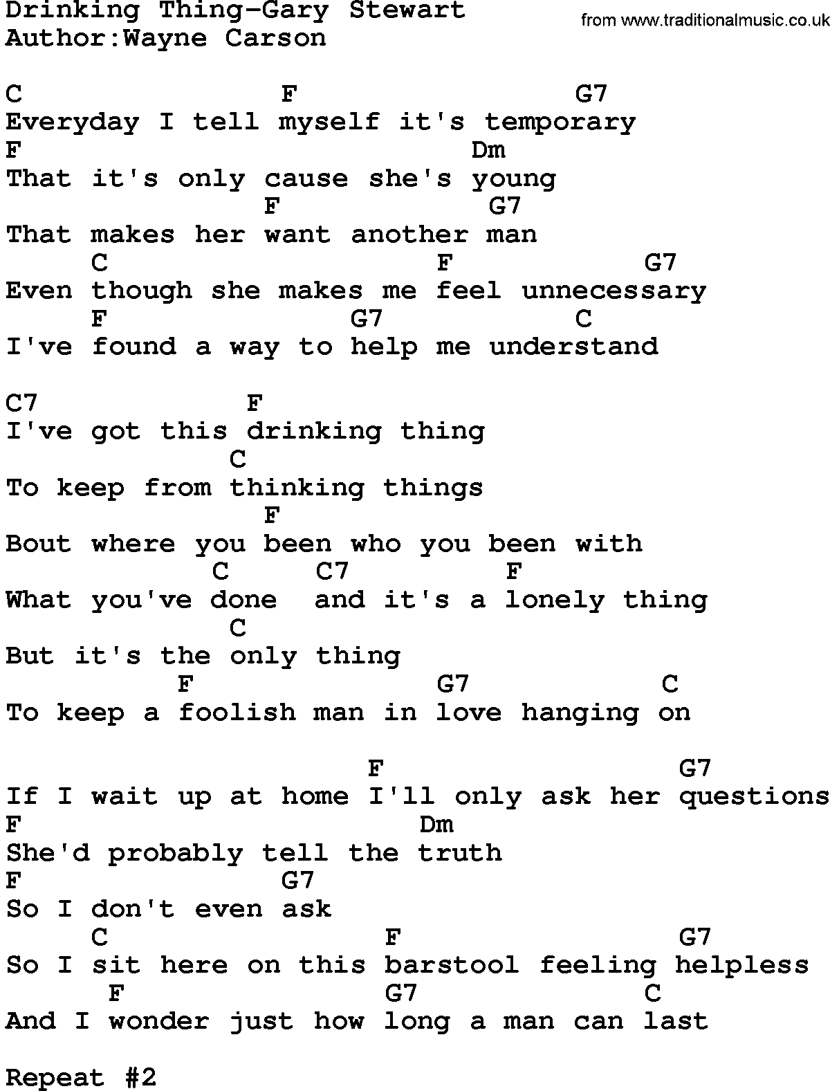 Country music song: Drinking Thing-Gary Stewart lyrics and chords