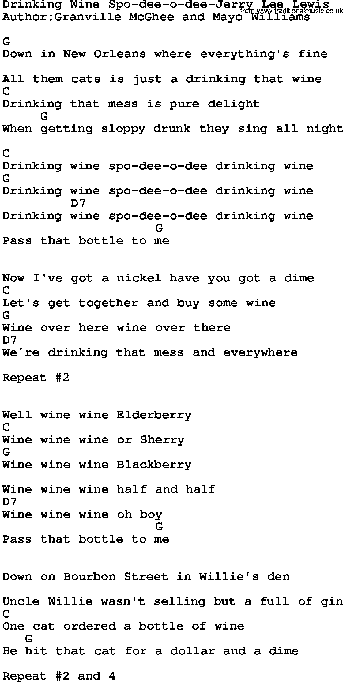 Country music song: Drinking Wine Spo-Dee-O-Dee-Jerry Lee Lewis lyrics and chords