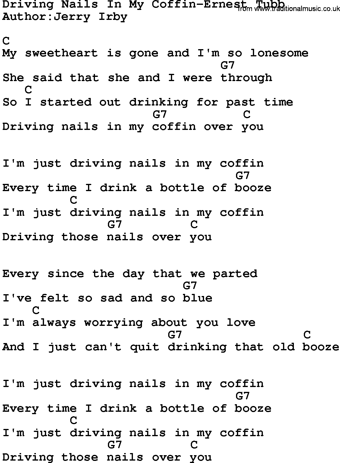 Country music song: Driving Nails In My Coffin-Ernest Tubb lyrics and chords