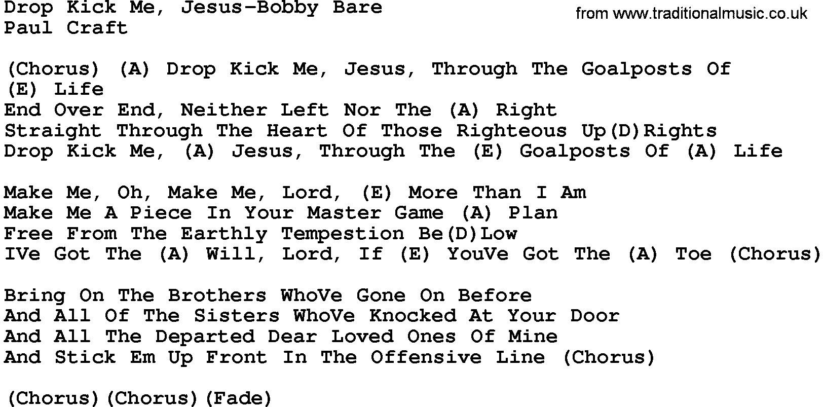 Country music song: Drop Kick Me, Jesus-Bobby Bare lyrics and chords