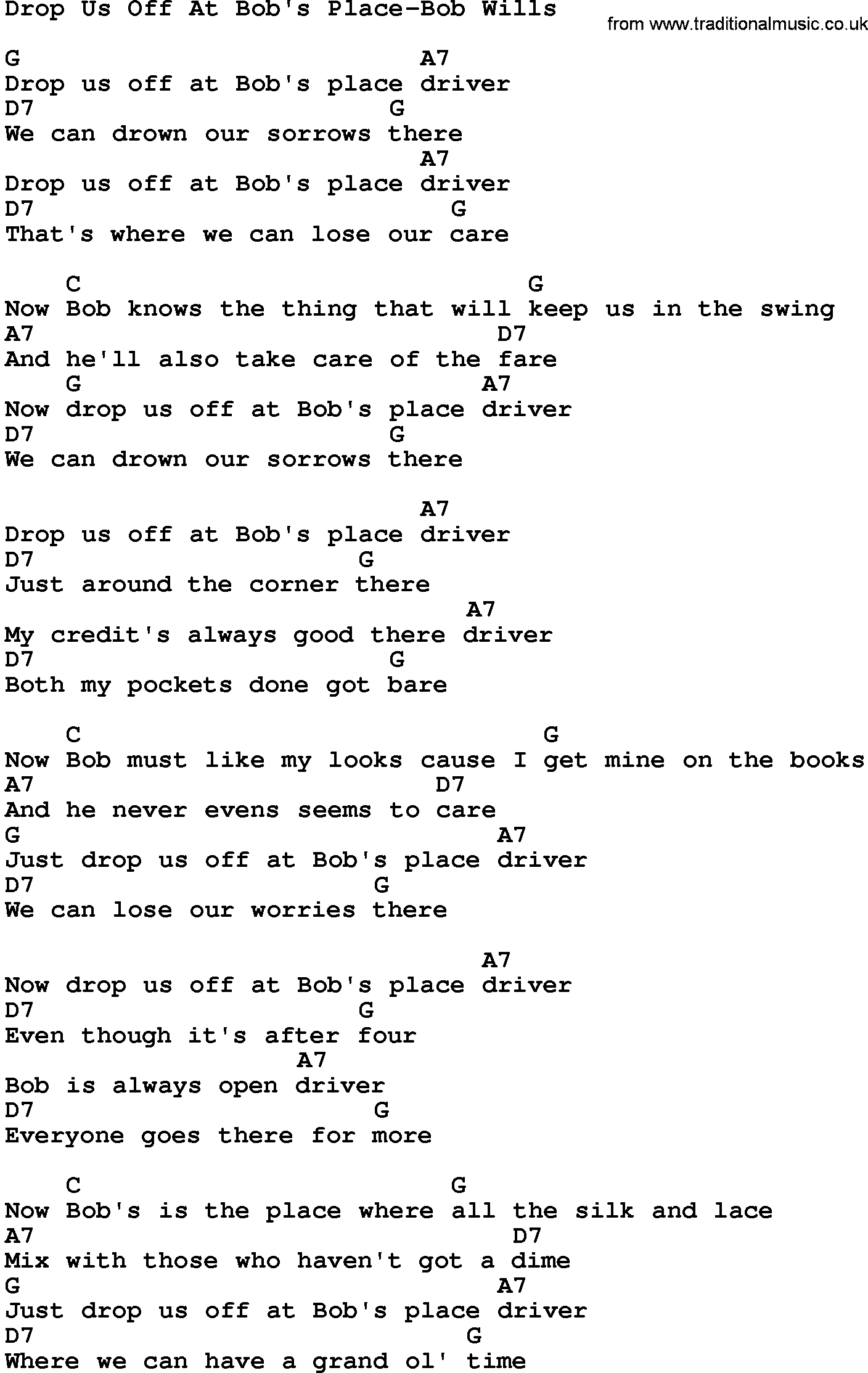 Country music song: Drop Us Off At Bob's Place-Bob Wills lyrics and chords