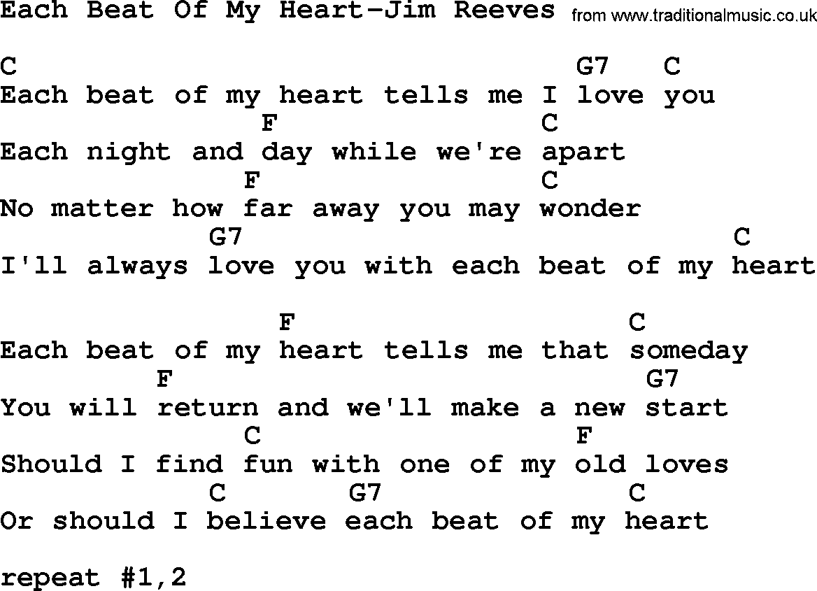 Country music song: Each Beat Of My Heart-Jim Reeves lyrics and chords