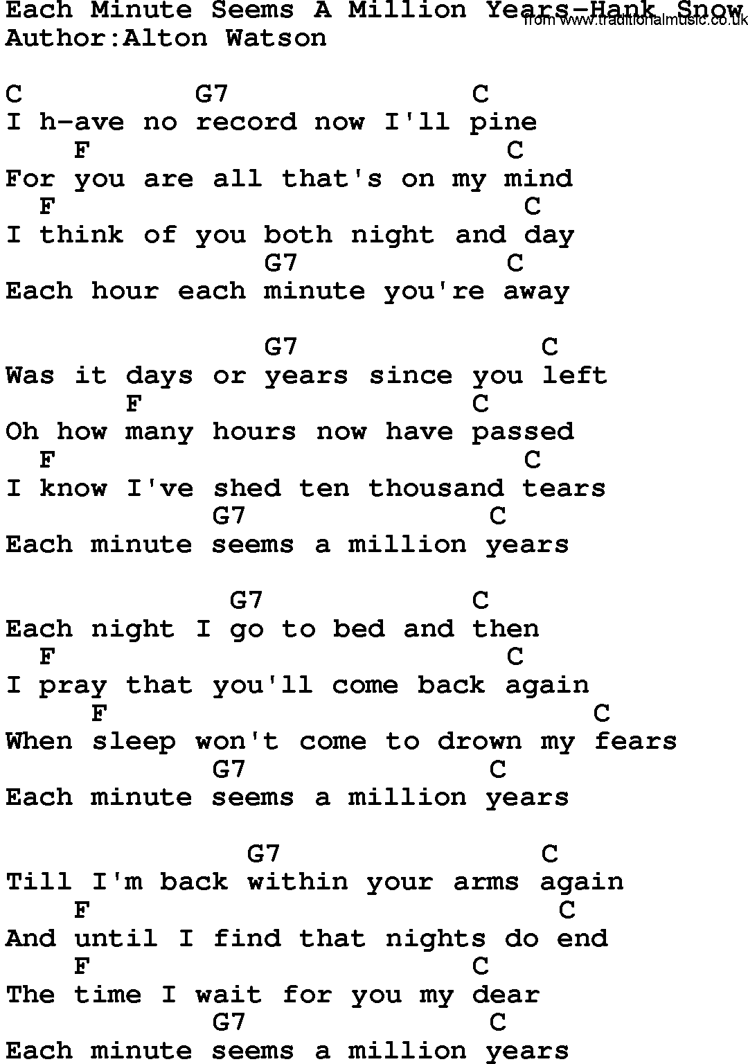 Country music song: Each Minute Seems A Million Years-Hank Snow lyrics and chords